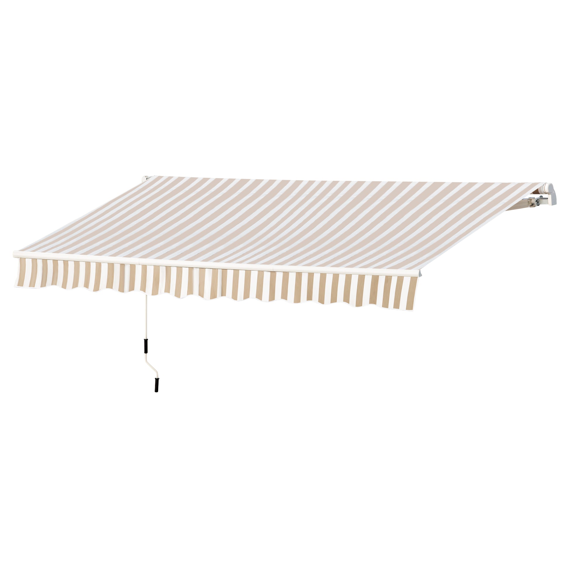 Retractable awning with beige and white stripe fabric and manual crank for patio shade