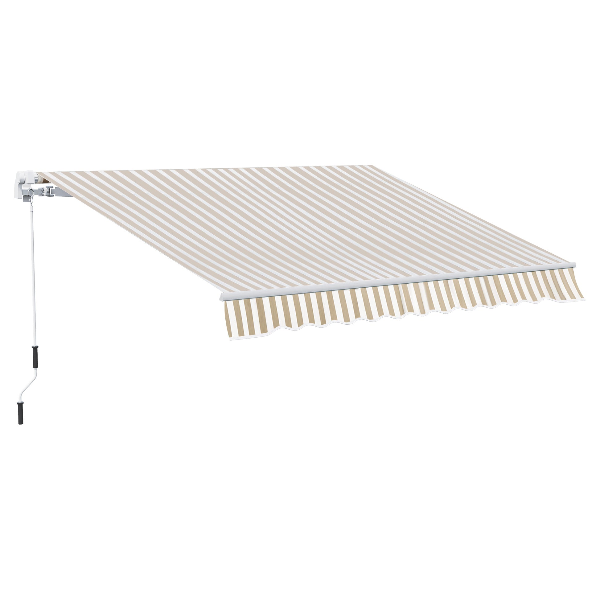 Retractable awning with beige and white stripes and crank operation for outdoor shade