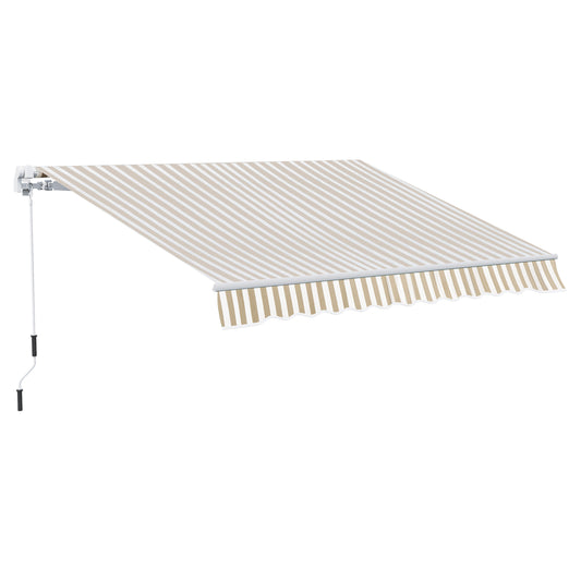 Retractable awning with beige and white stripes and crank operation for outdoor shade