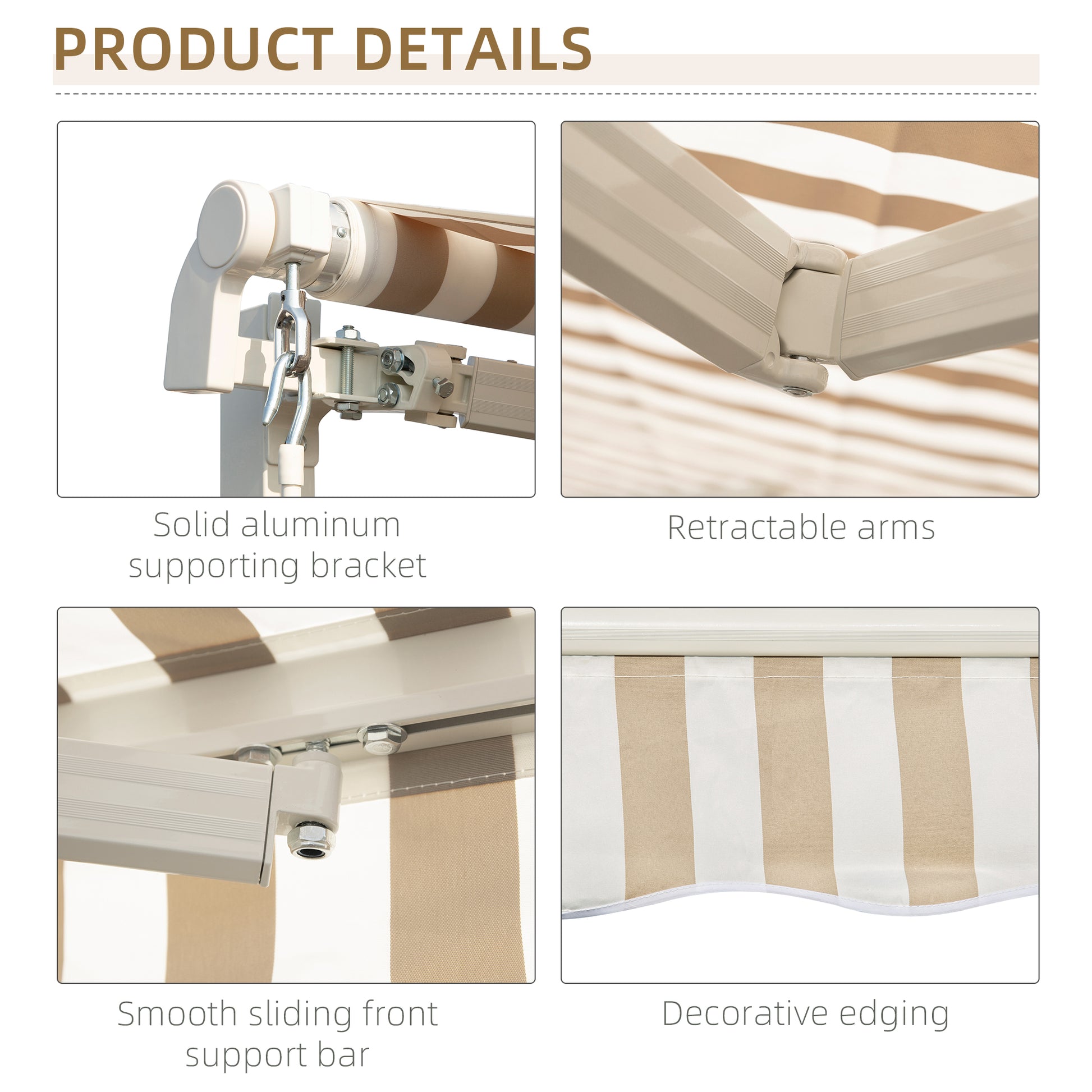 Closeup of a retractable awnings solid aluminum supporting bracket in beige