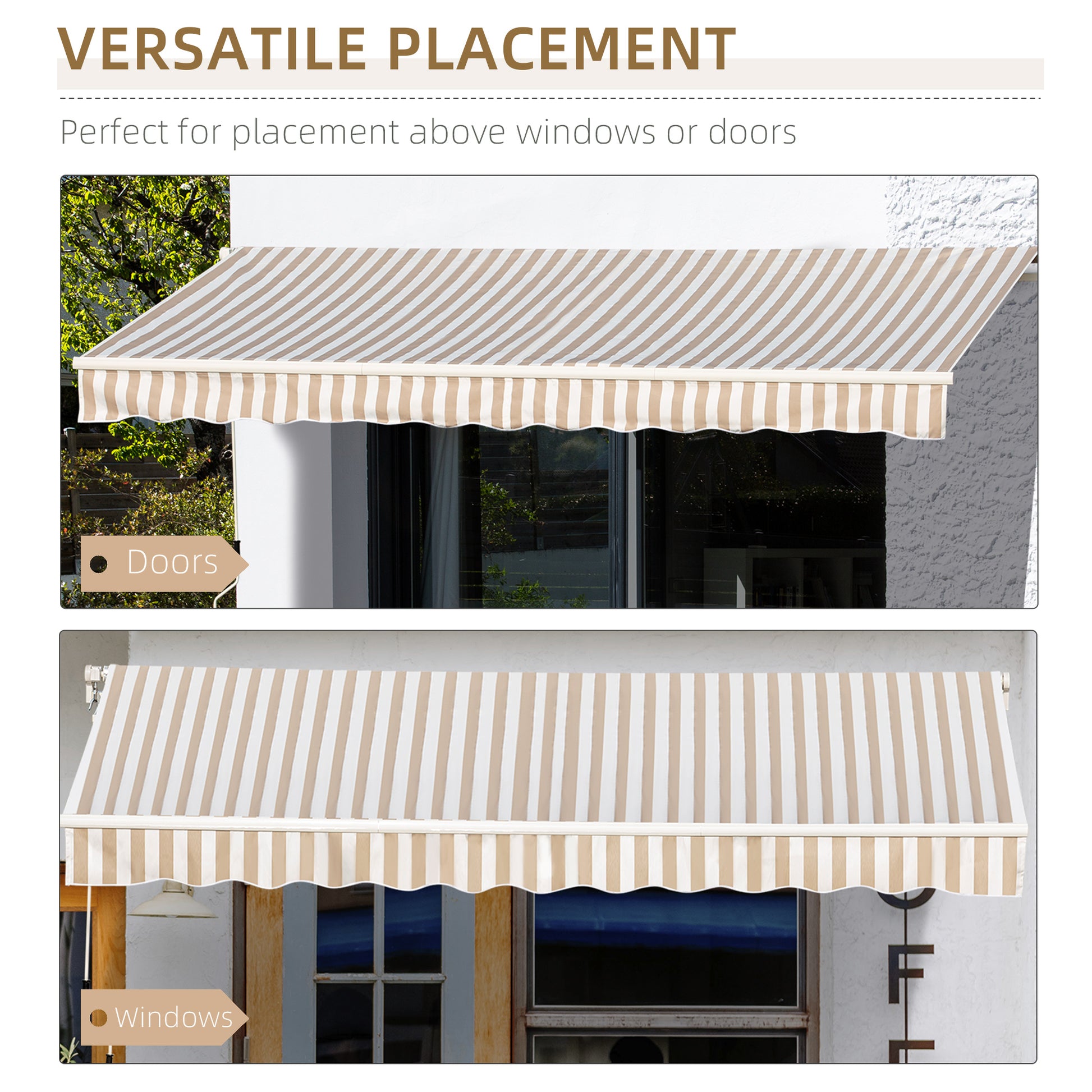Striped retractable awning in beige and white for outdoor doors