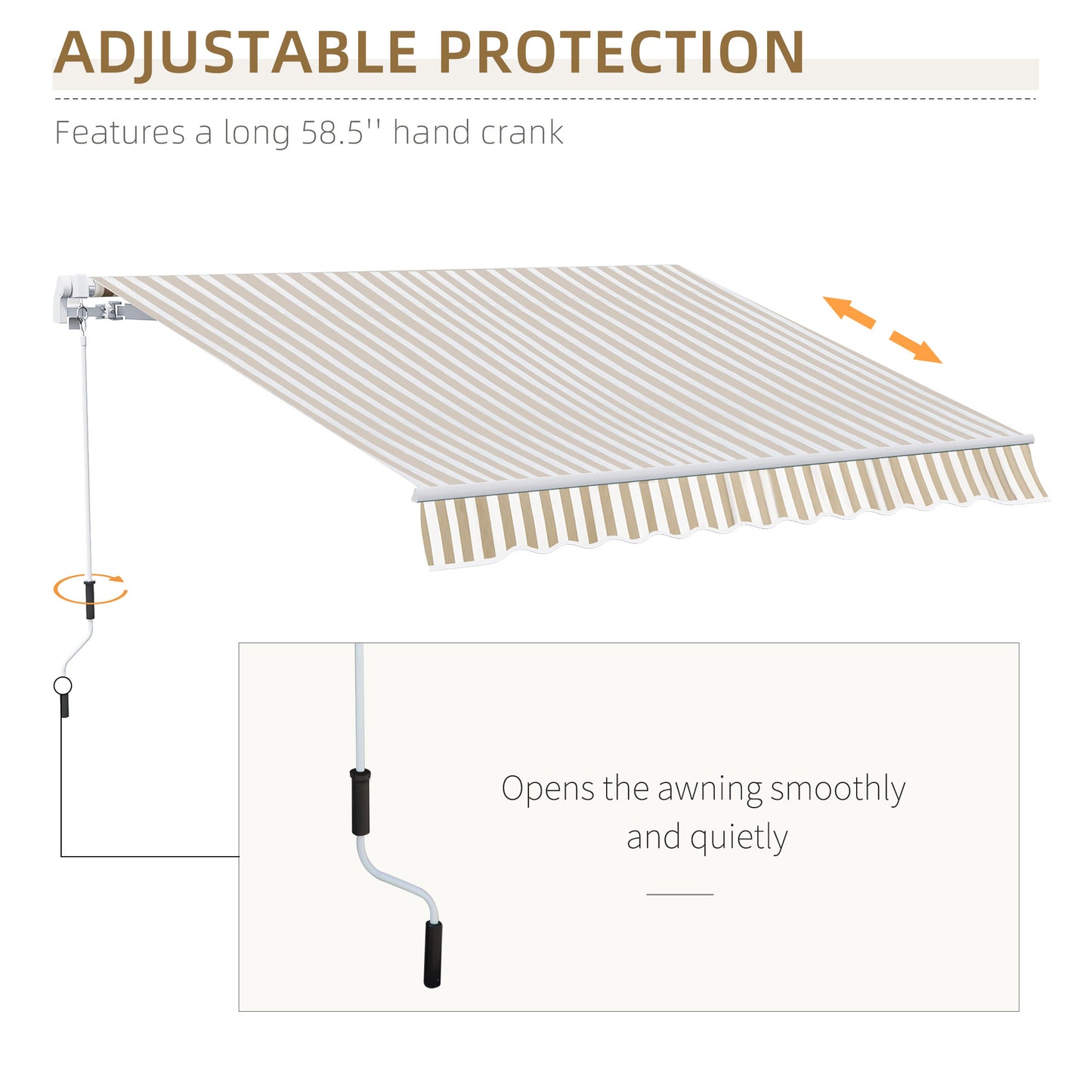 Beige and white striped retractable patio awning with a long inch hand crank for operation
