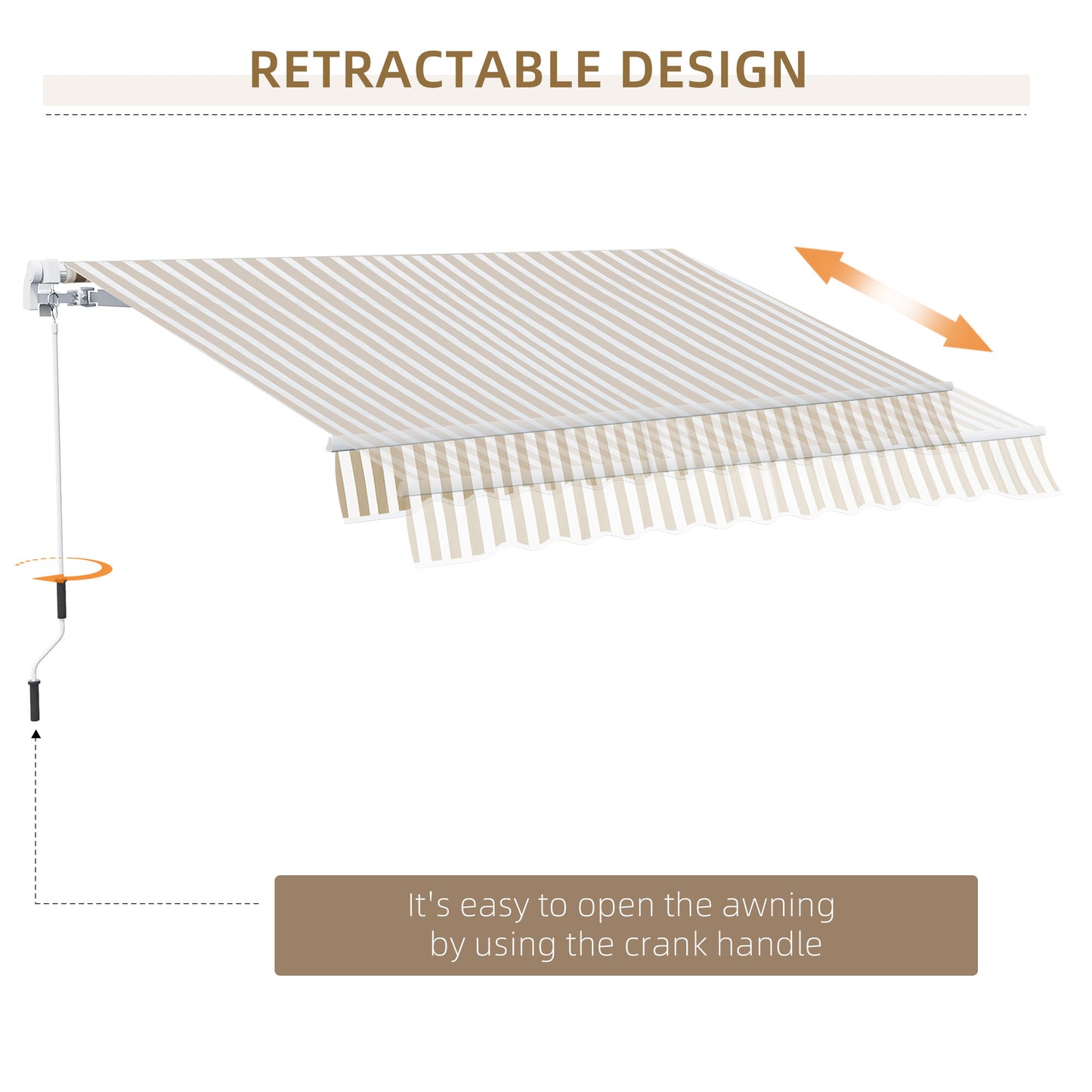 Tan and white striped retractable awning with crank handle operation