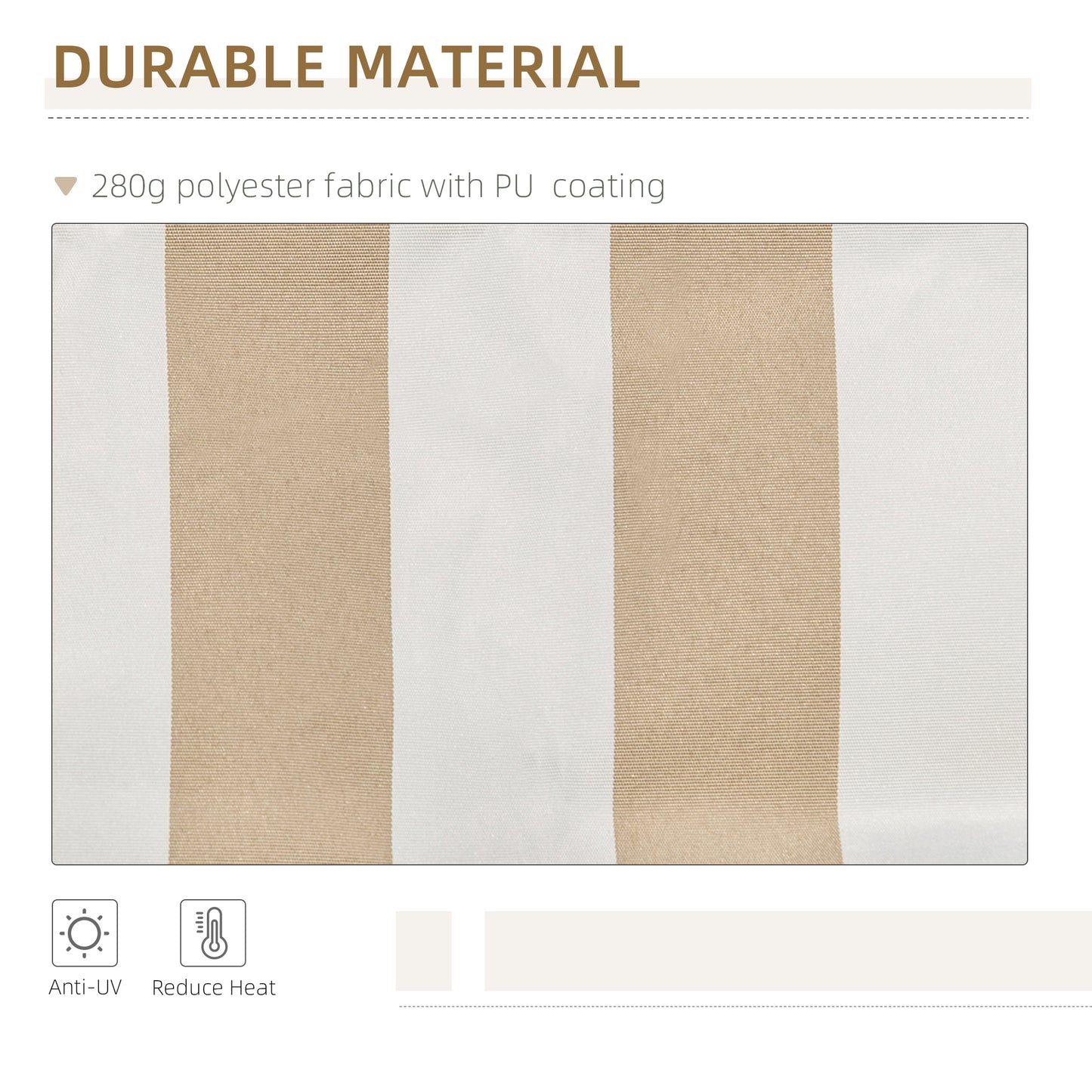 Closeup of beige and white striped durable polyester fabric with PU coating