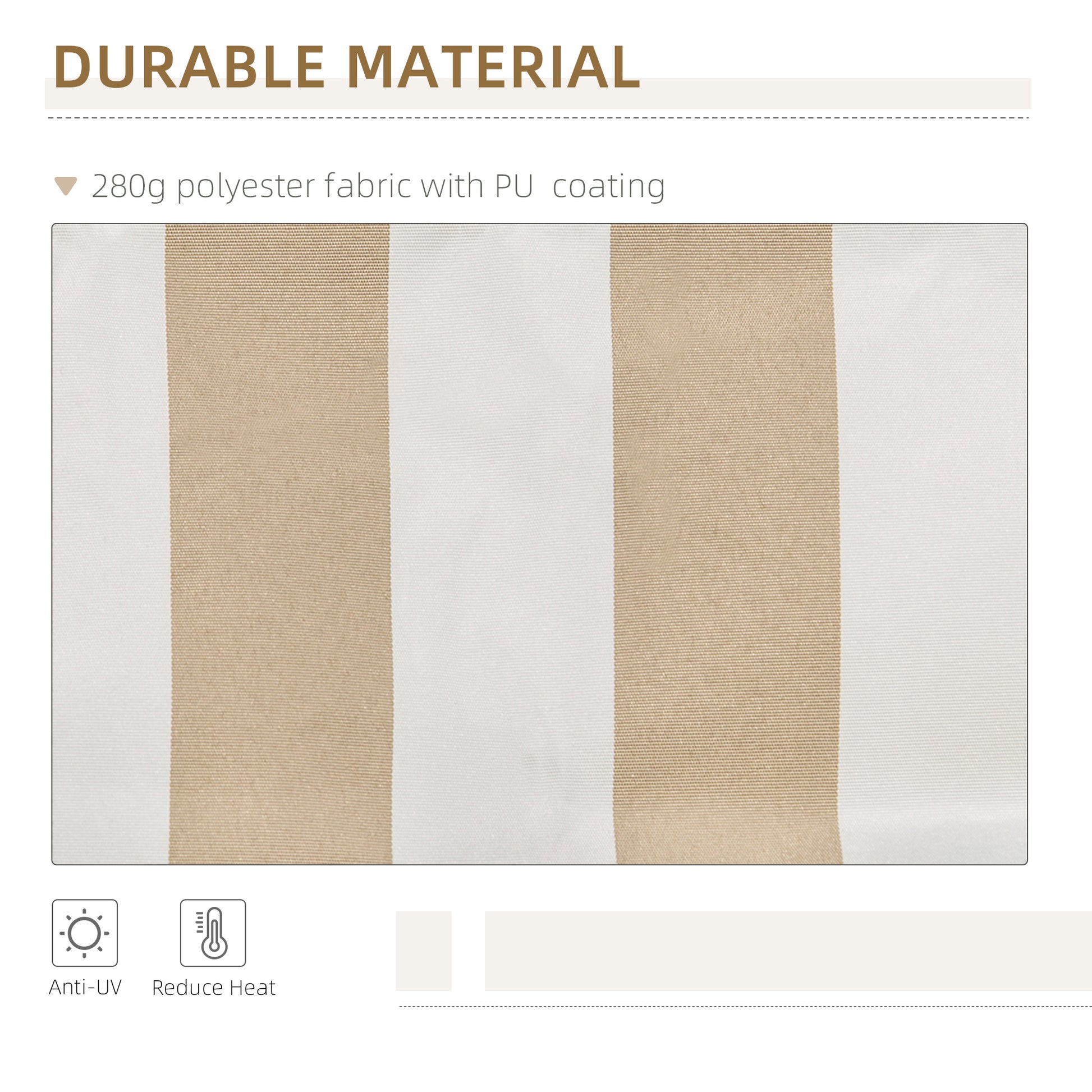 Closeup of beige and white striped durable polyester fabric with PU coating