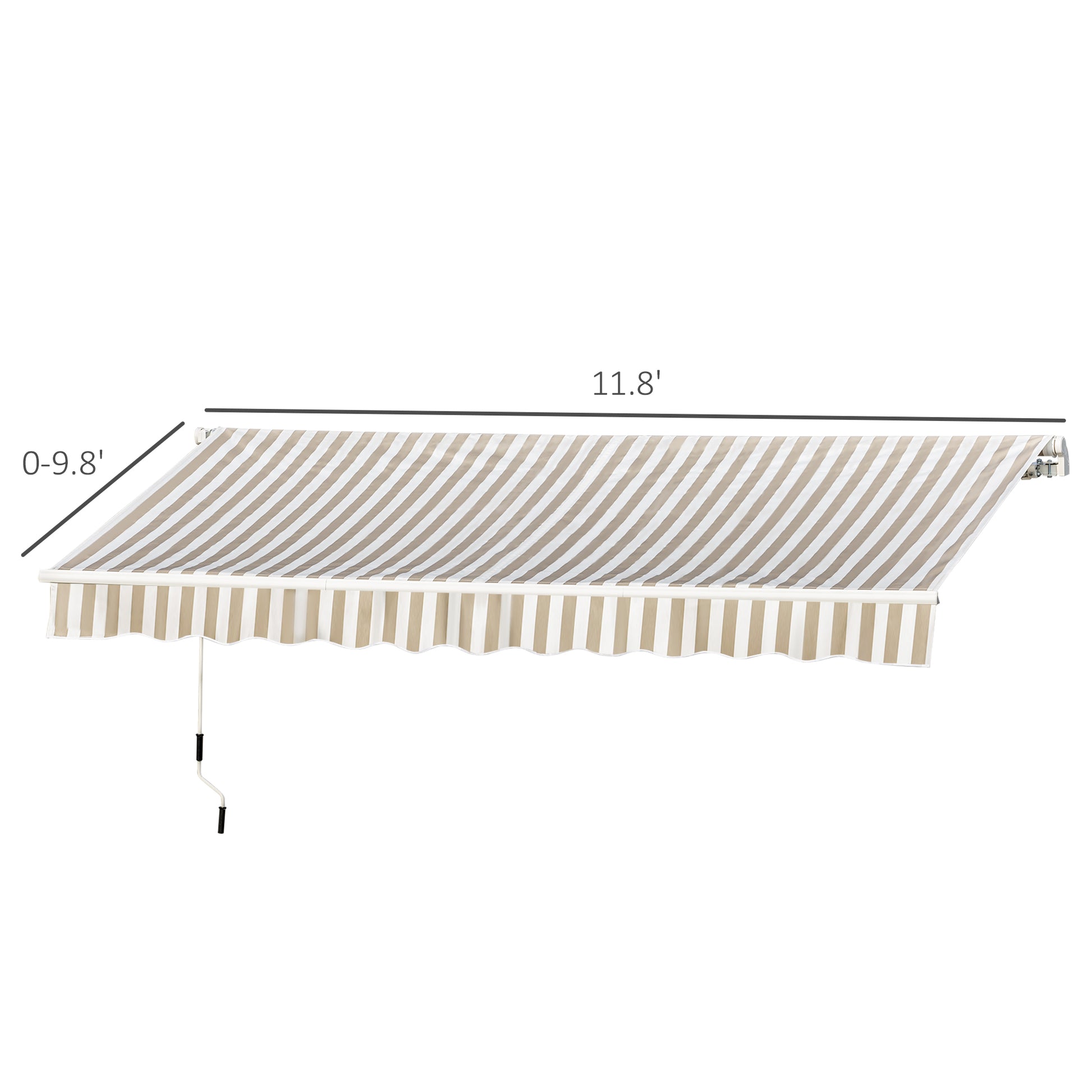 Retractable awning with beige and white stripes  wide for patio use