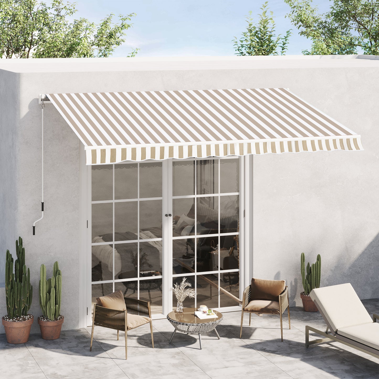 Retractable patio awning with beige and white stripes extending over french doors