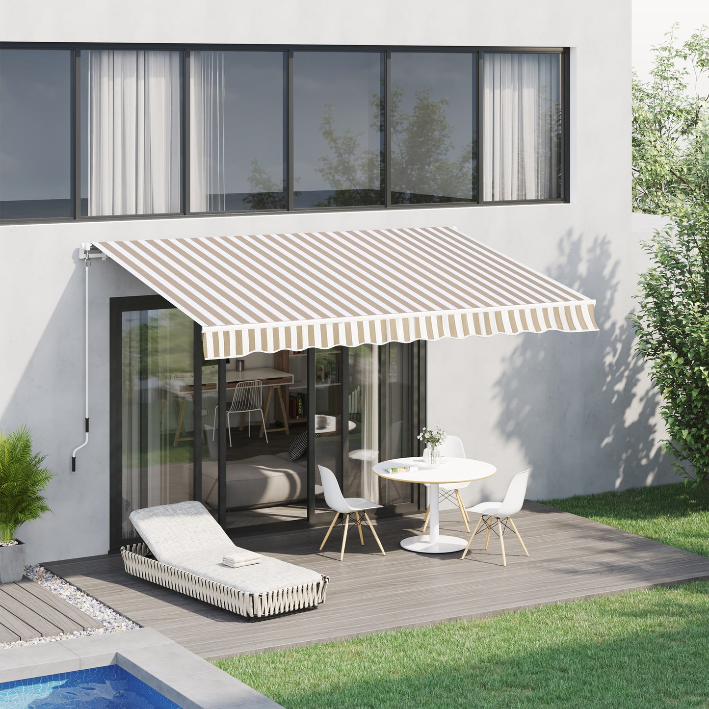 Retractable patio awning with beige and white stripes providing shade for outdoor living