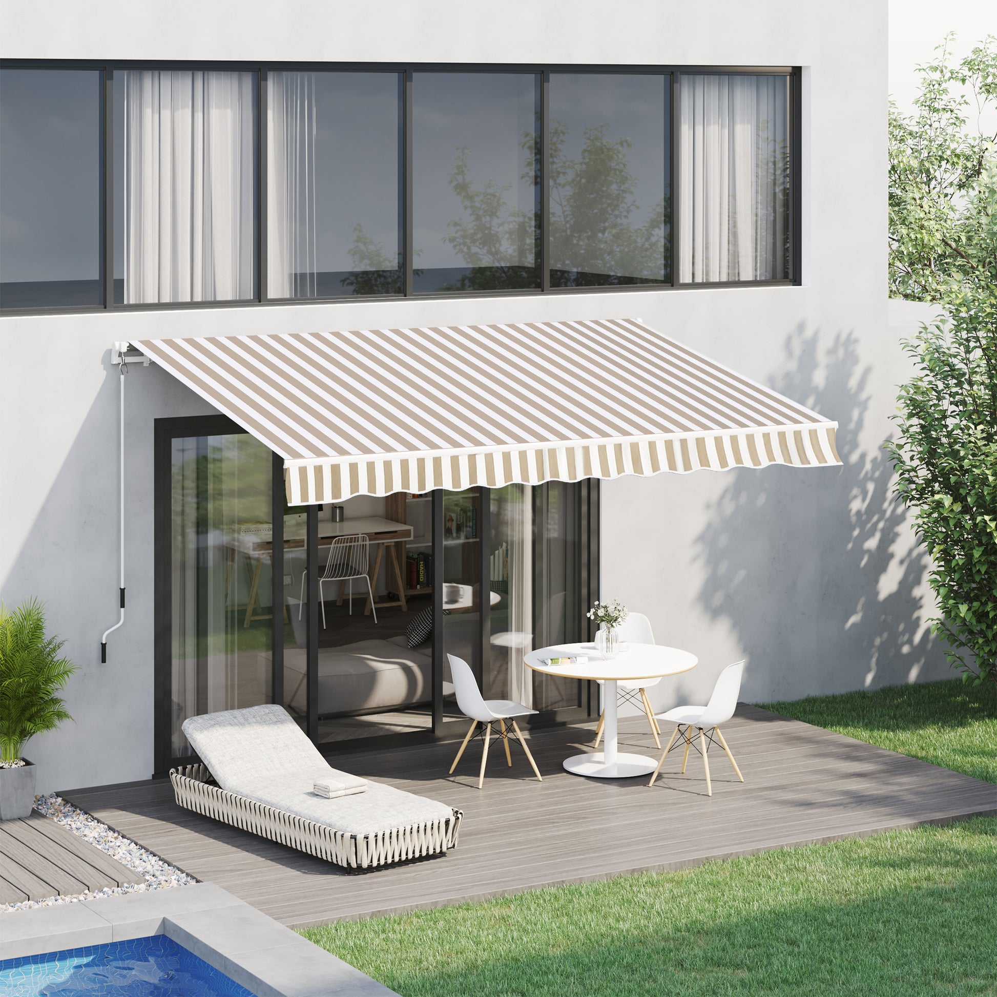 Retractable patio awning with beige and white stripes providing shade for outdoor living