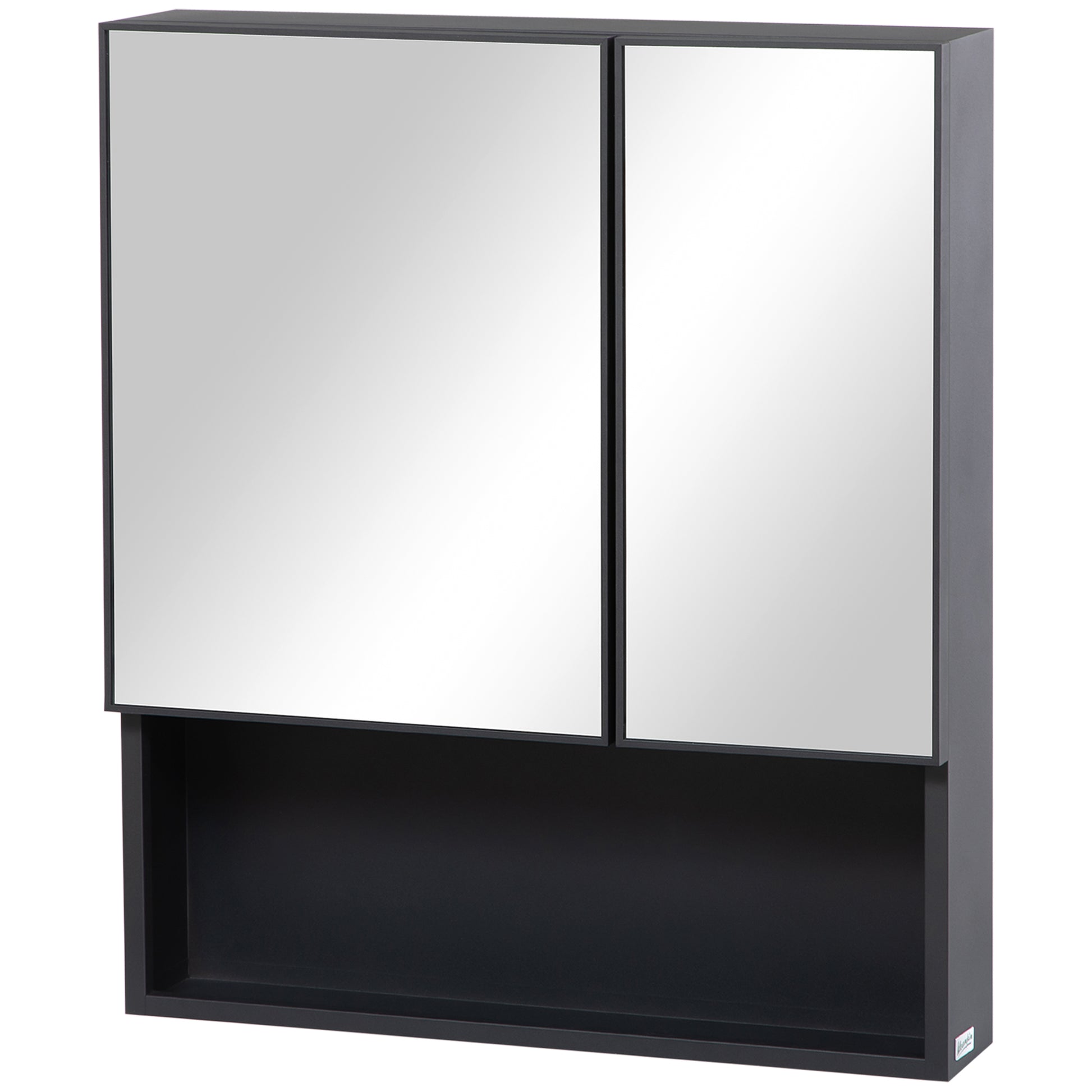 Modern black medicine cabinet with two mirrored doors and a lower shelf