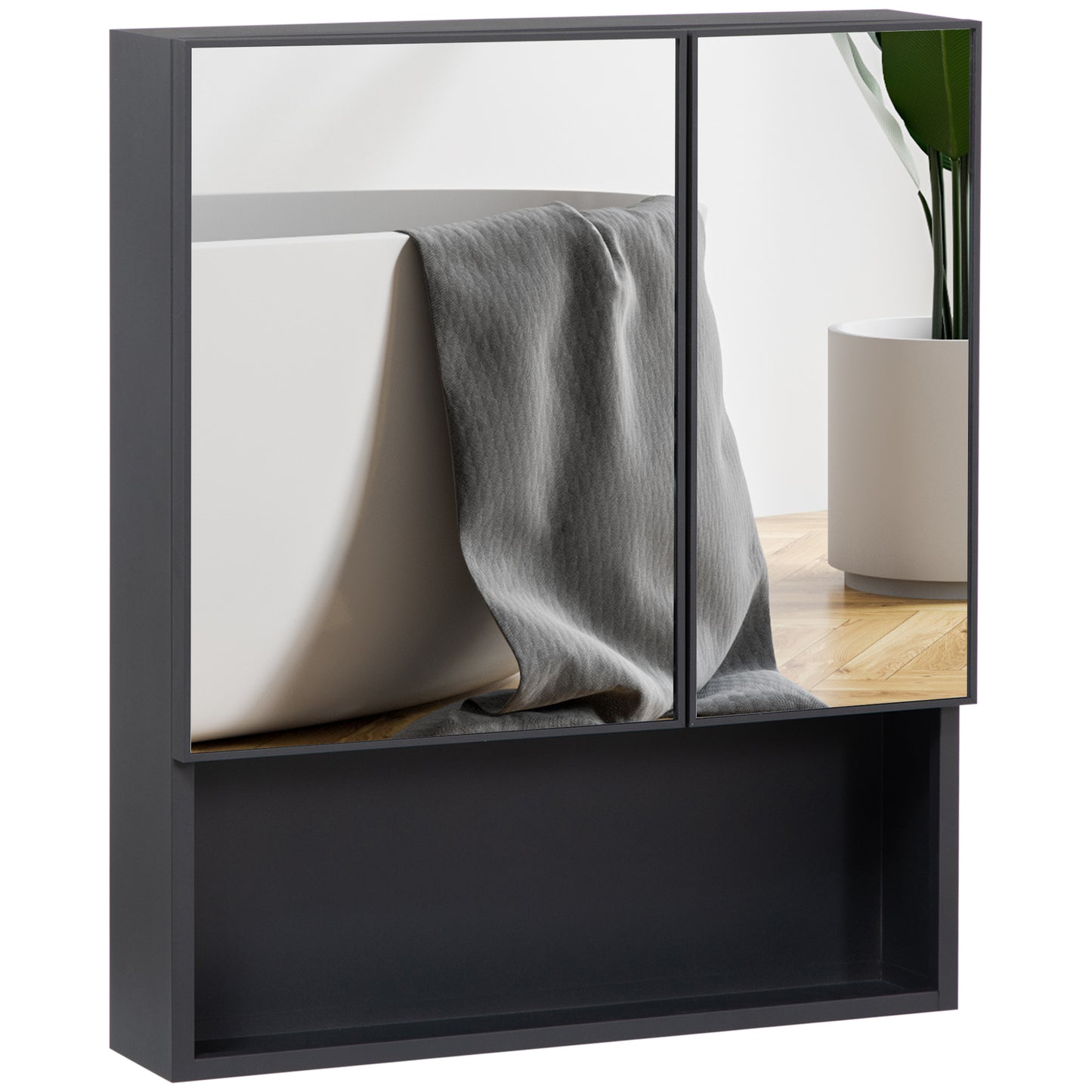 Modern grey medicine cabinet with mirrored doors and open shelf