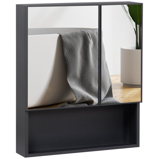 Modern grey medicine cabinet with mirrored doors and open shelf