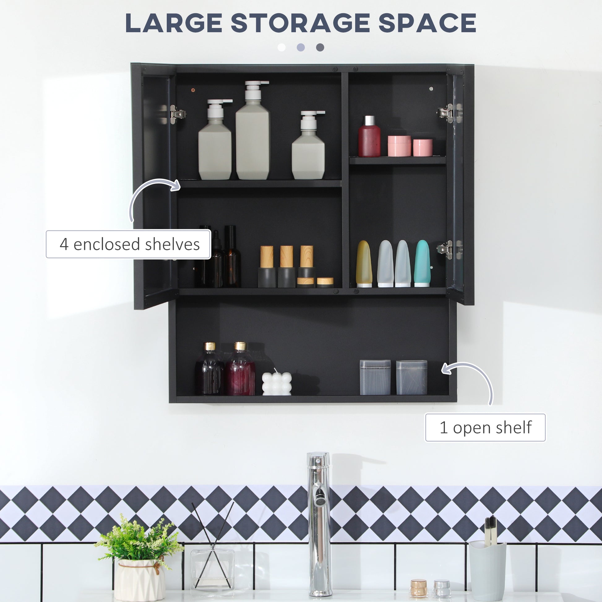 Black medicine cabinet with  enclosed shelves displaying lotions bottles and travel containers