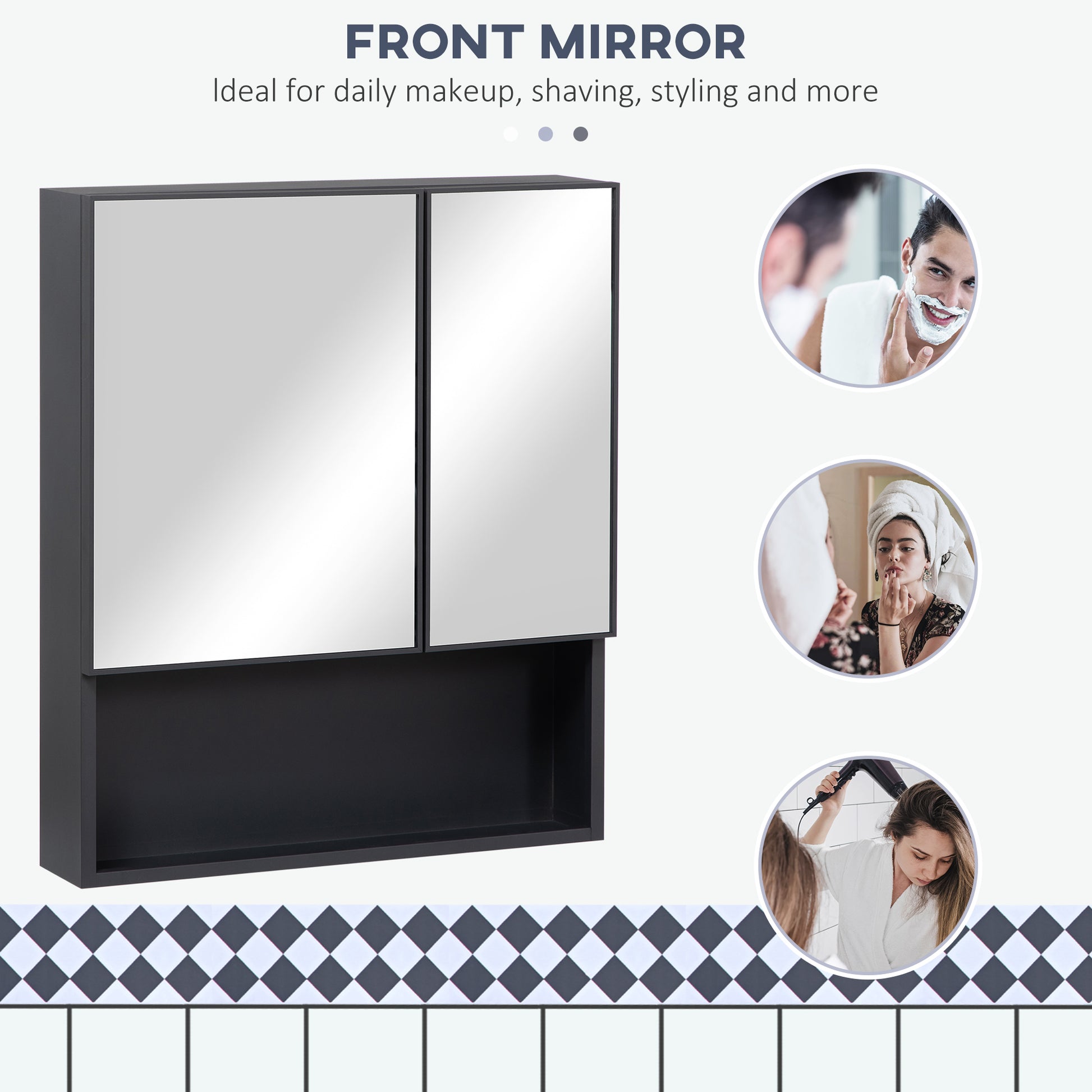 Modern gray bathroom medicine cabinet with double mirrored doors and open shelf below