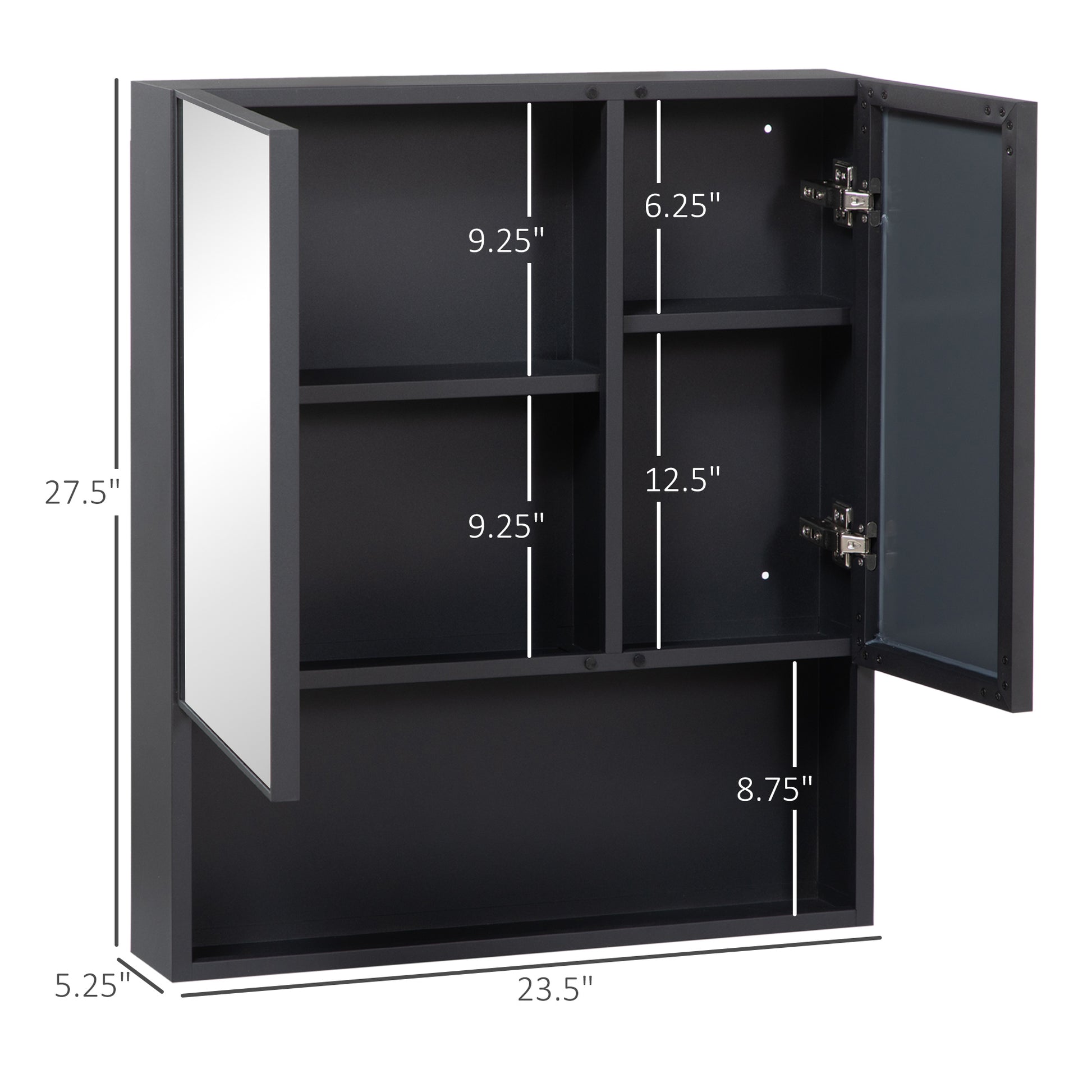 Dark grey metal bathroom medicine cabinet with mirrored door and open shelves