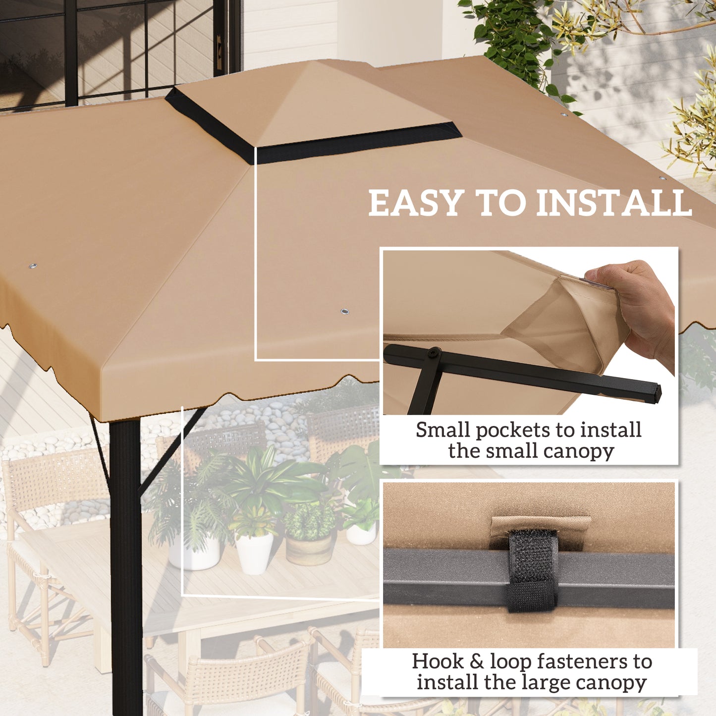 Tan canopy fabric with black trim easily attaches to patio gazebo frame for outdoor shade