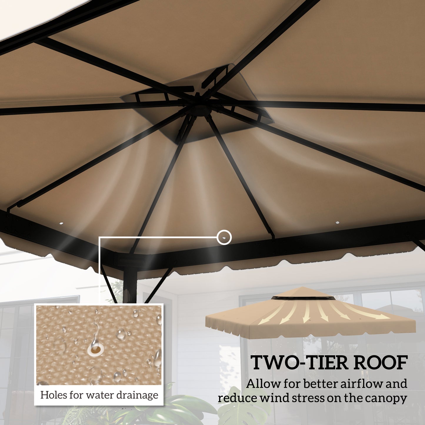 Tan twotier gazebo canopy with ventilation holes for water drainage and airflow