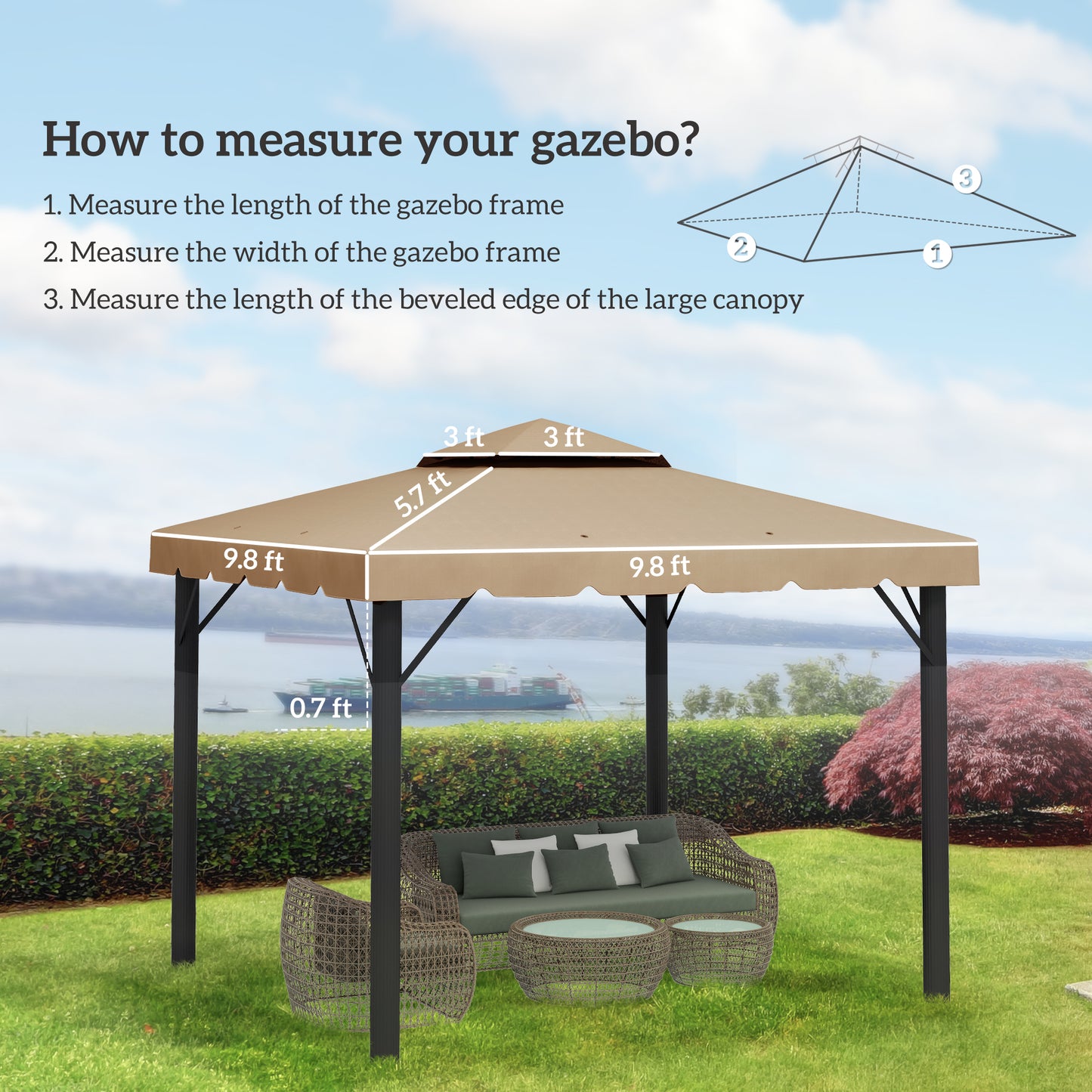 Tan  ft gazebo with scalloped edges and detailed measurements for frame and canopy
