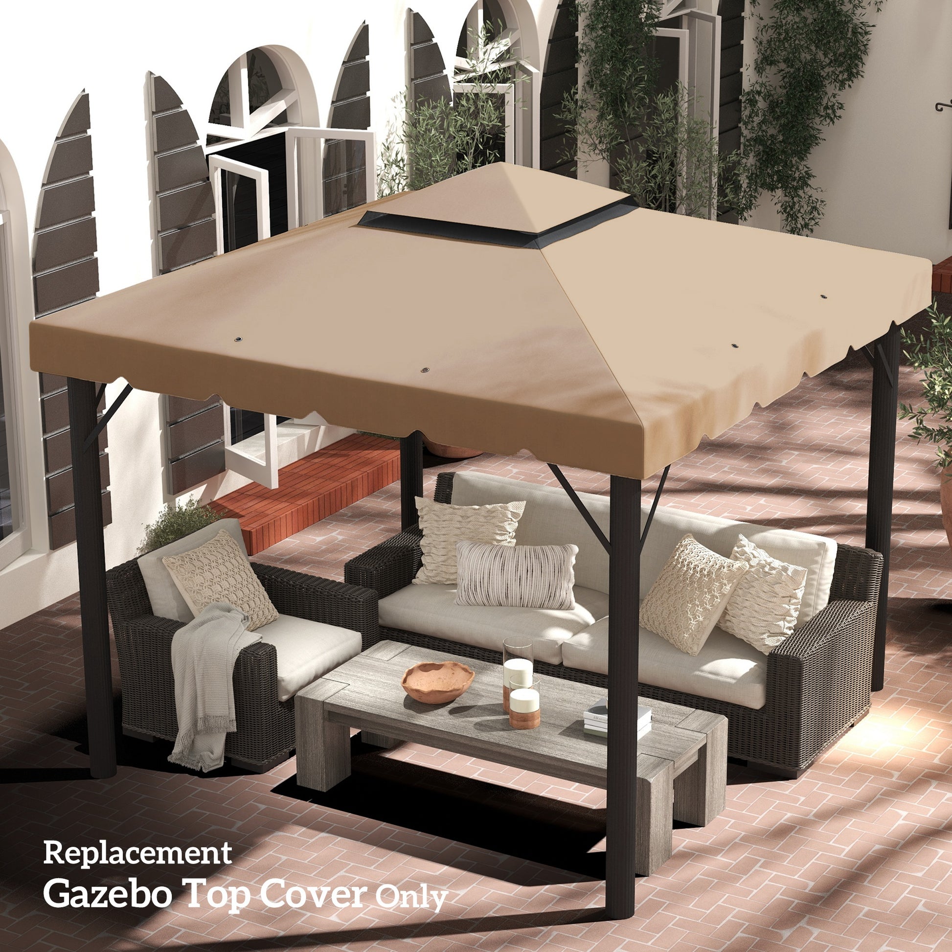 Tan replacement gazebo top cover with scalloped edges and a vent cap