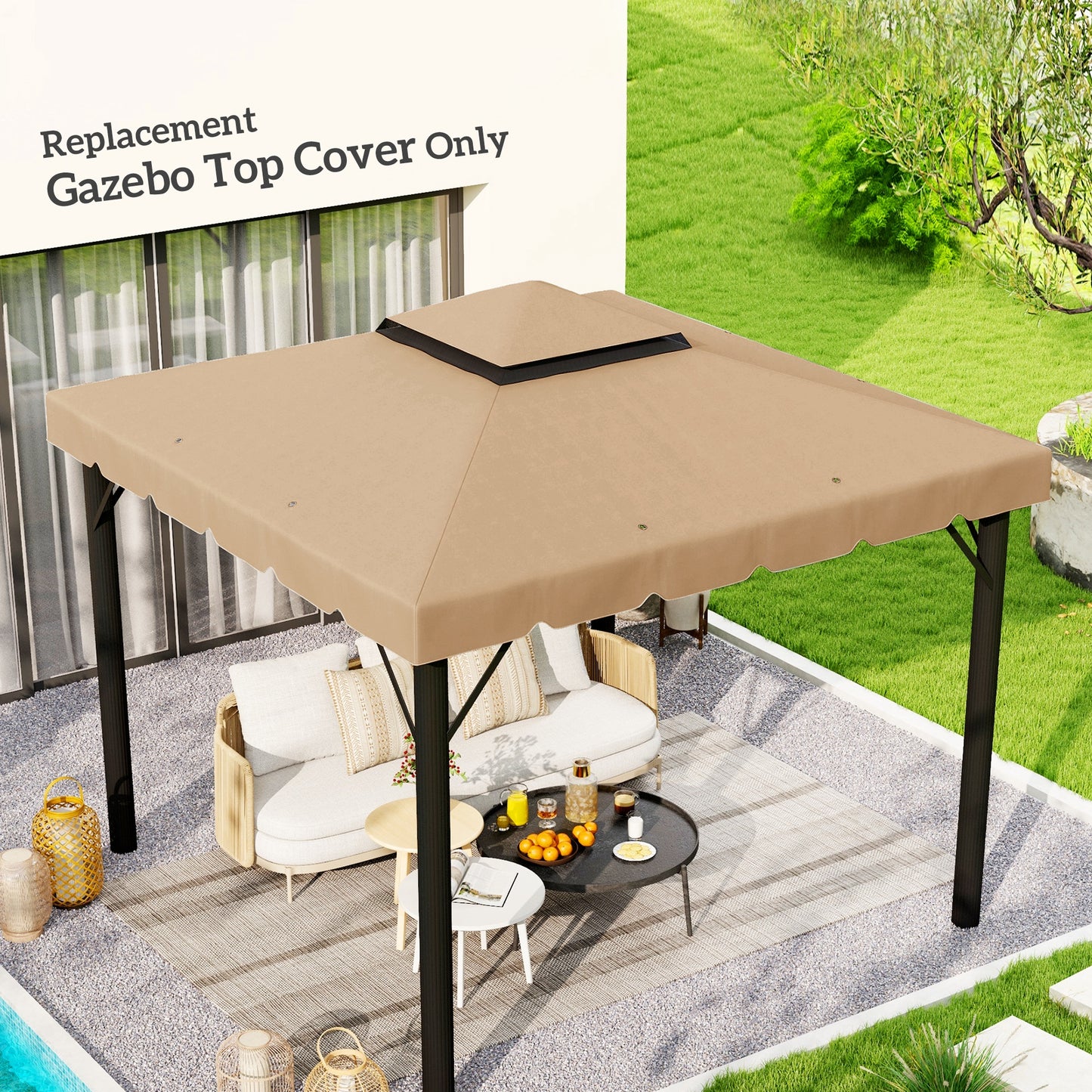 Tan replacement gazebo canopy top cover with scalloped edges and vents for outdoor use