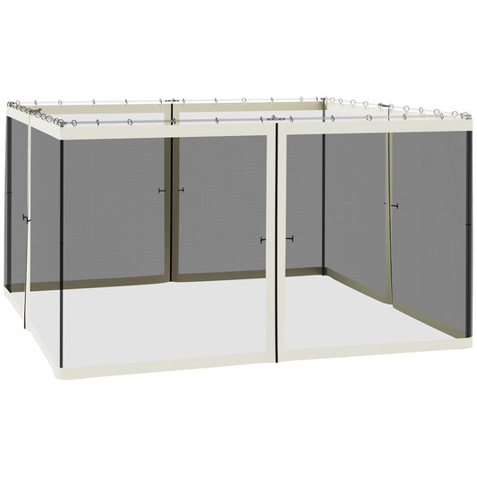 Cream colored outdoor gazebo with mesh screens for bug protection