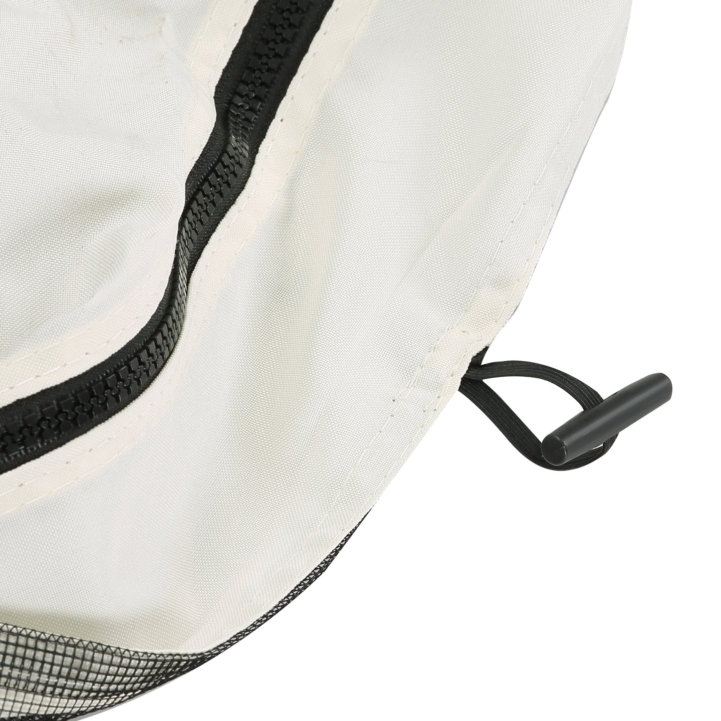 White mesh hat brim detail with black zipper and drawstring