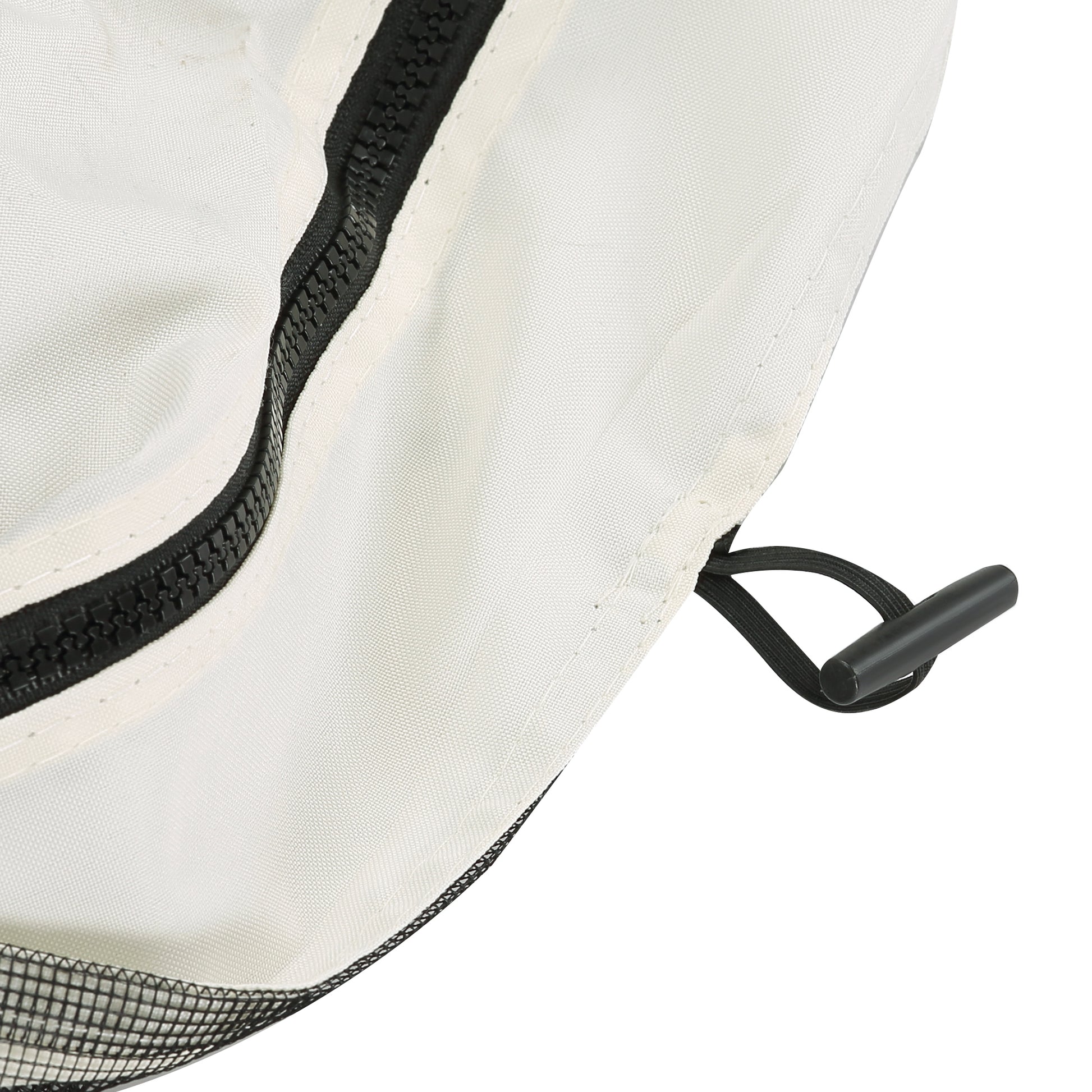 White mesh hat brim detail with black zipper and drawstring