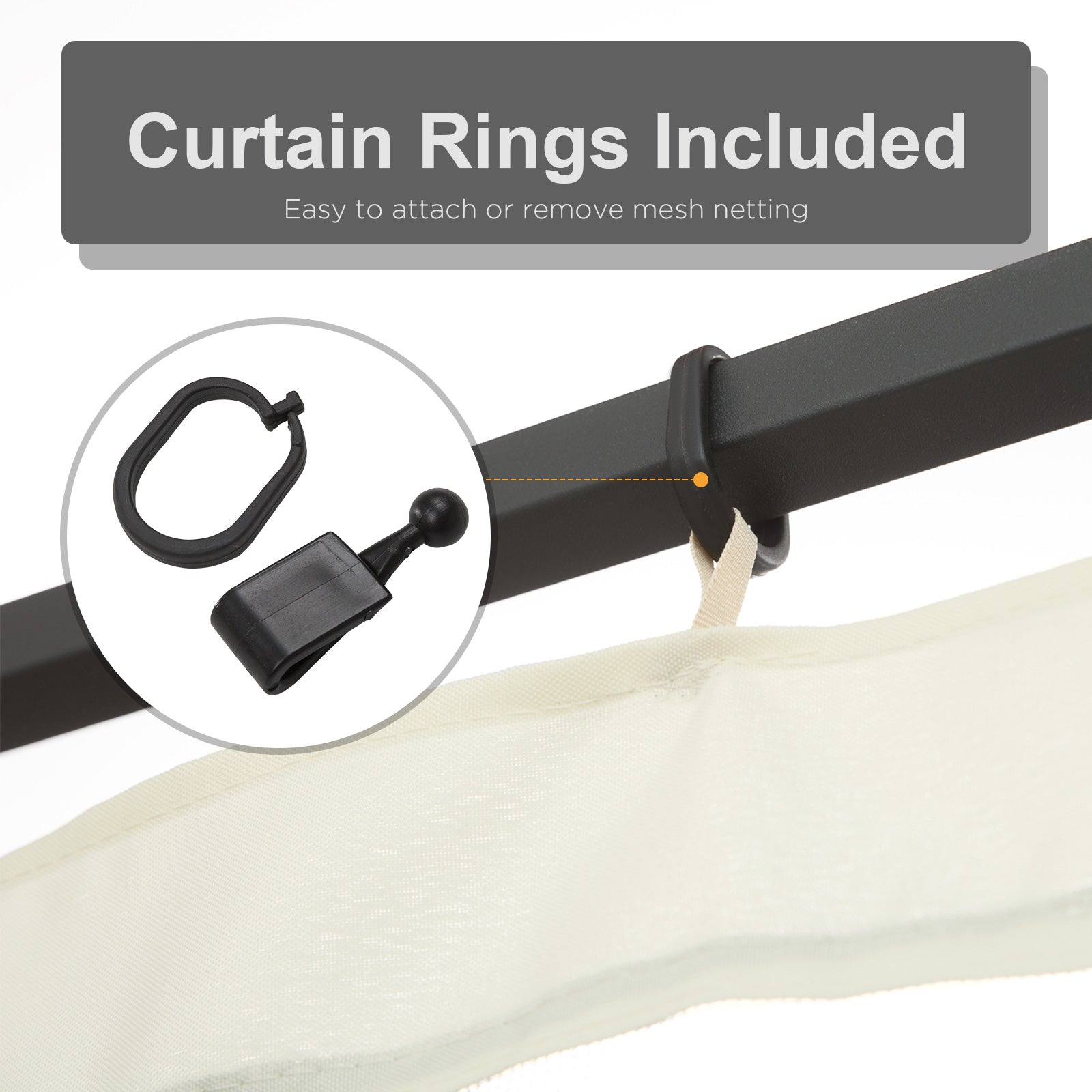 Black plastic curtain clips and rings for attaching mesh netting to a dark rod