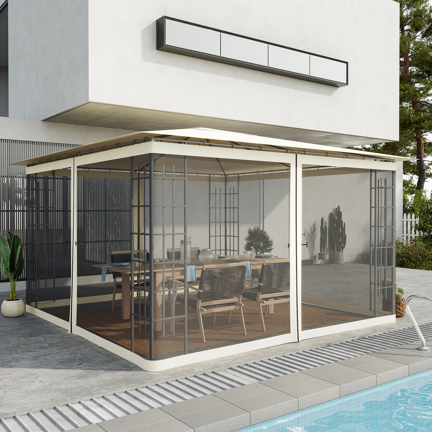 Screened patio gazebo with wooden dining table and chairs set up poolside