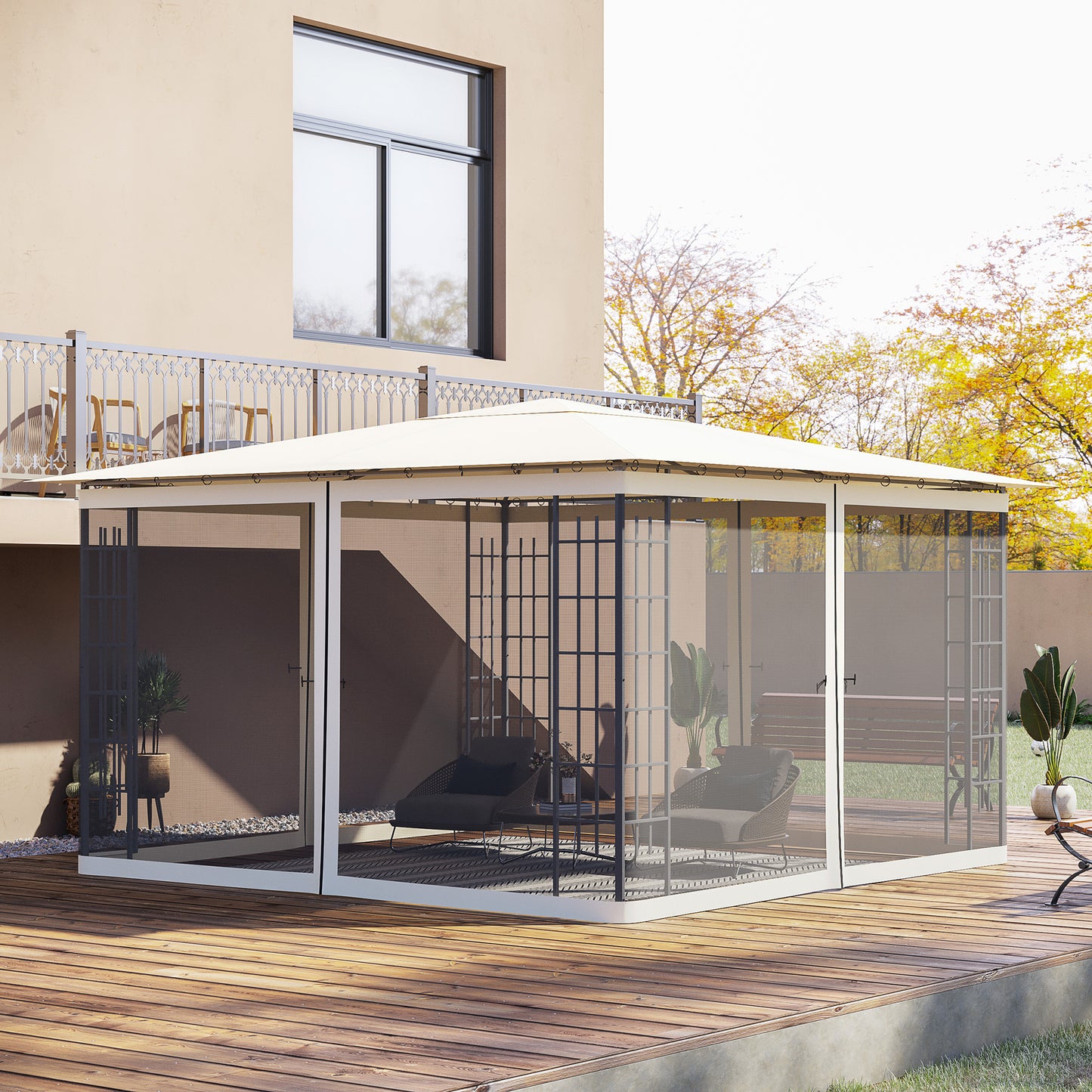 Creamcolored outdoor gazebo with mesh screens and a metal frame perfect for backyard gatherings