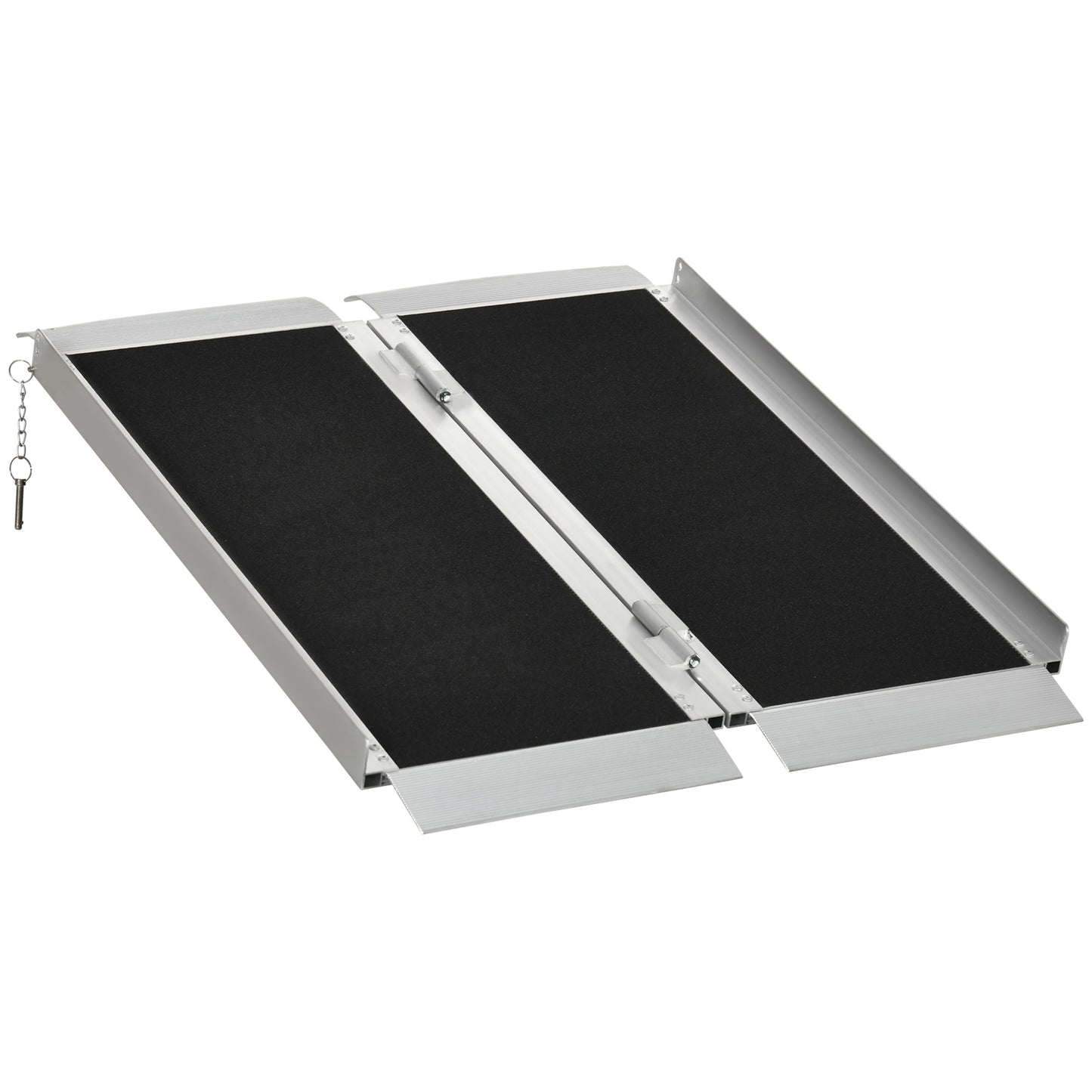 Silver folding wheelchair ramp with black textured surface for traction