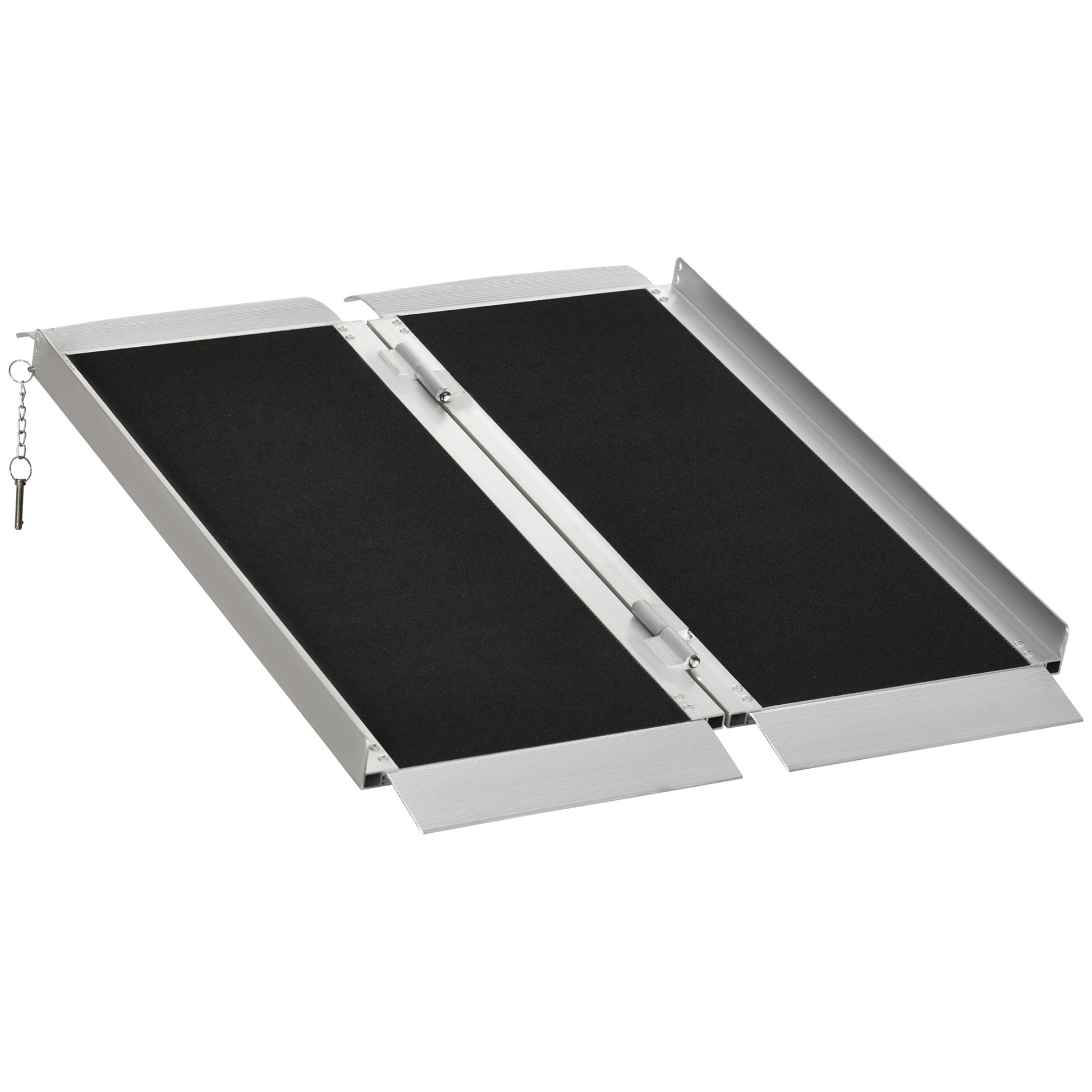 Silver folding wheelchair ramp with black textured surface for traction