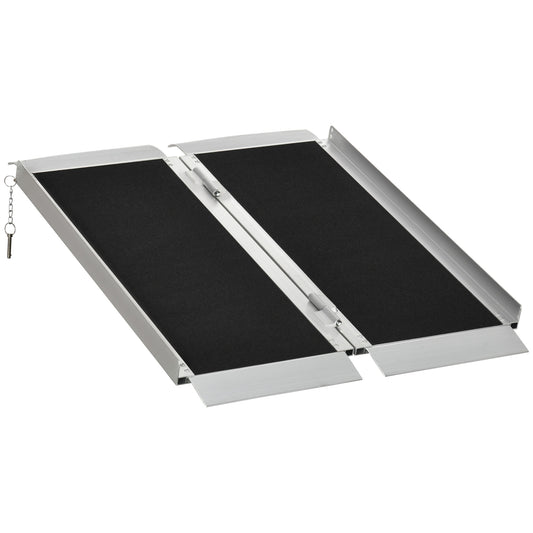 Silver folding wheelchair ramp with black textured surface for traction