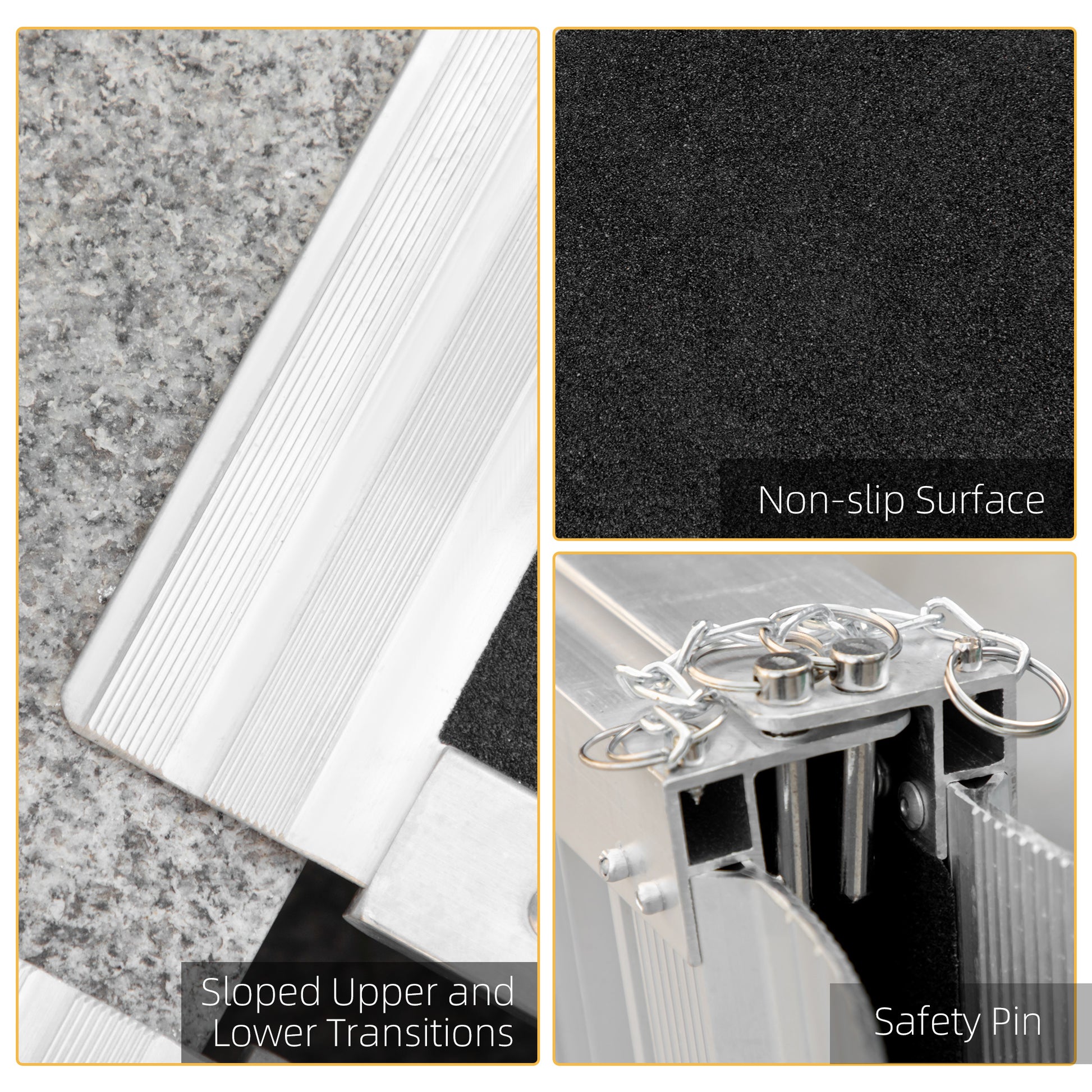 Closeup of aluminum ramp with ribbed surface for traction