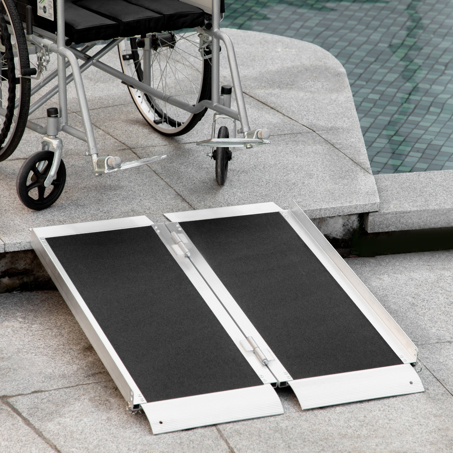 Silver aluminum portable wheelchair ramp with black grip surface ft length