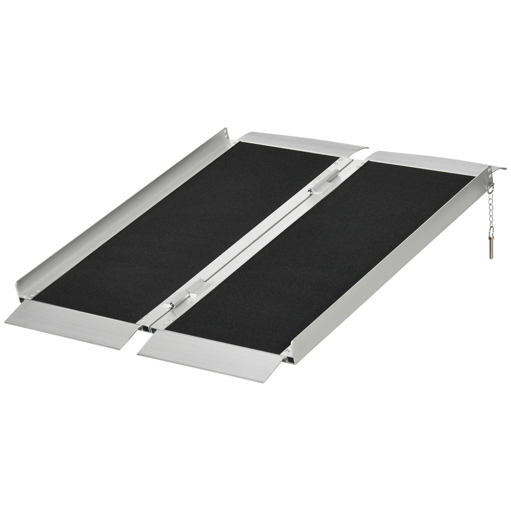 Foldable aluminum wheelchair ramp with black nonslip surface and chain latch