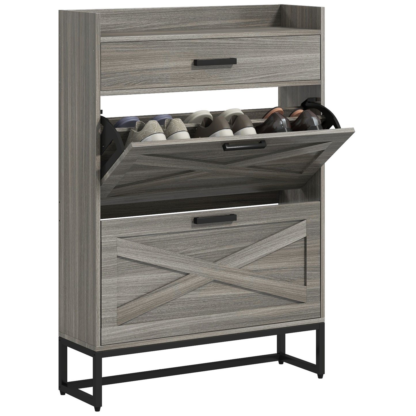 Gray wood shoe cabinet with flipdown drawer and storage compartments
