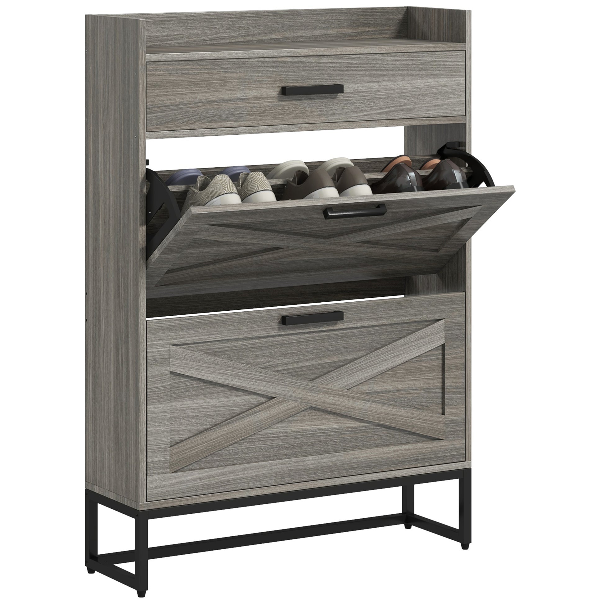 Gray wood shoe cabinet with flipdown drawer and storage compartments