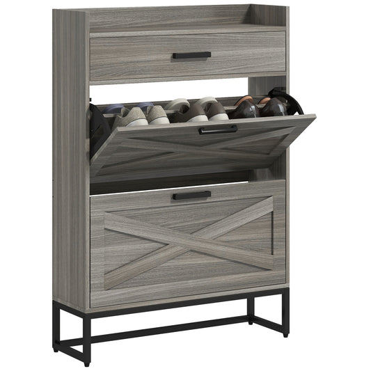 Gray wood shoe cabinet with flipdown drawer and storage compartments