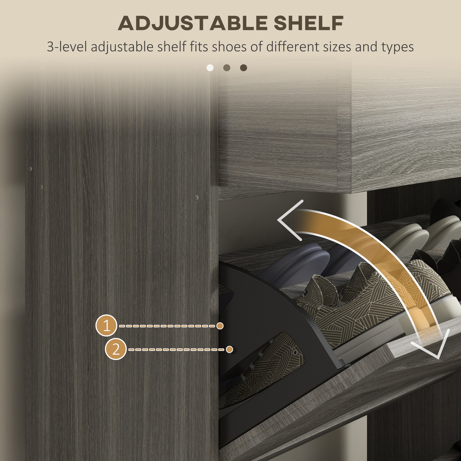 Modern gray wood shoe cabinet with tilting drawers showing shoe storage