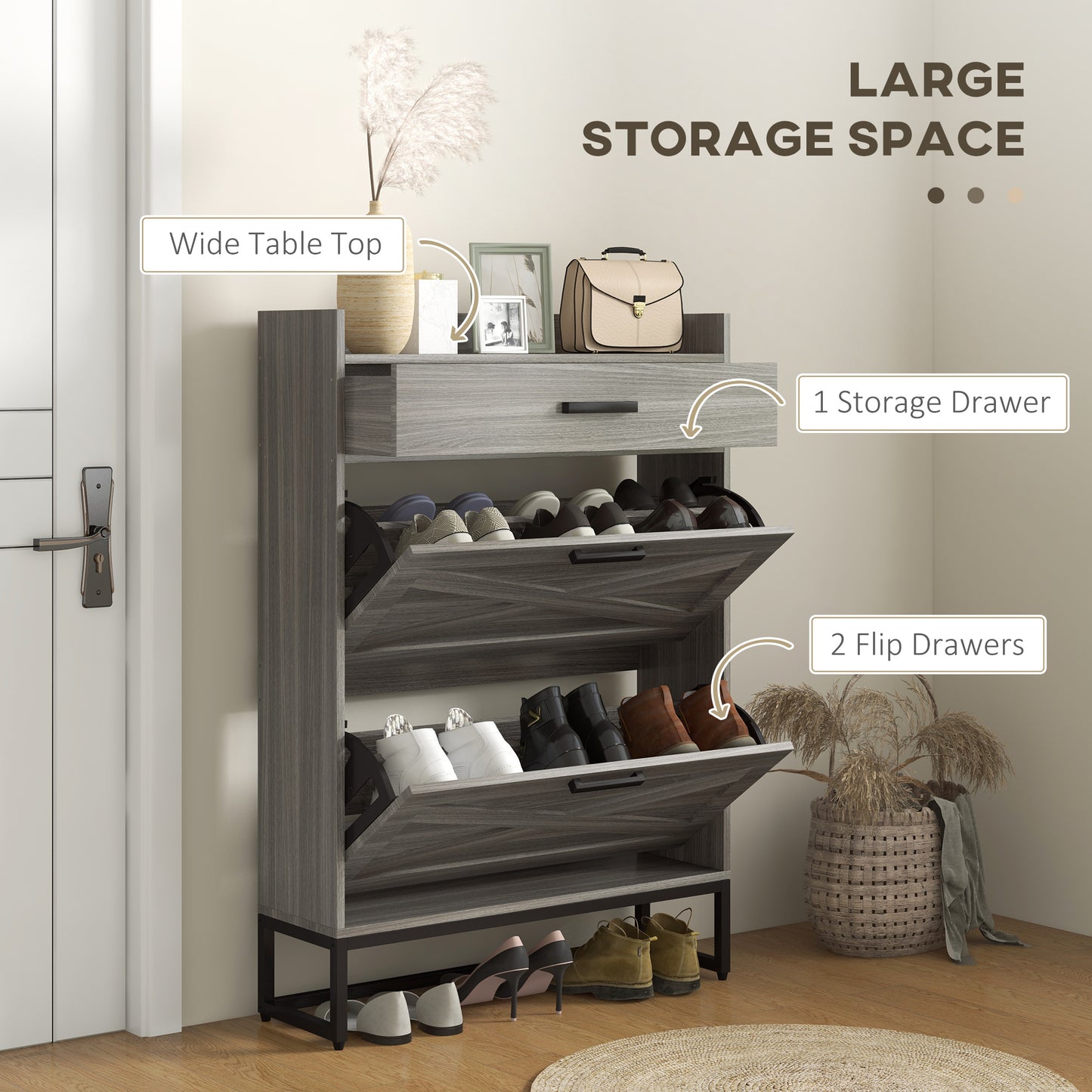 Gray wood shoe cabinet with one drawer and two flip drawers holding various footwear