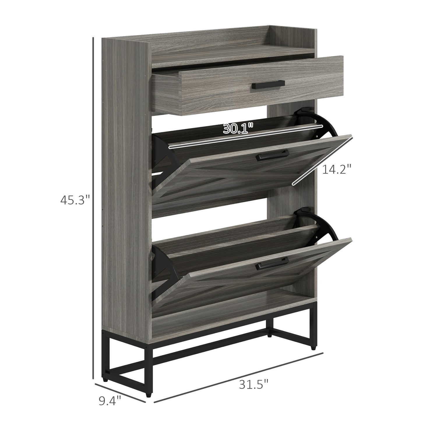 Gray wood veneer shoe cabinet with three flipout drawers and a top drawer for storage