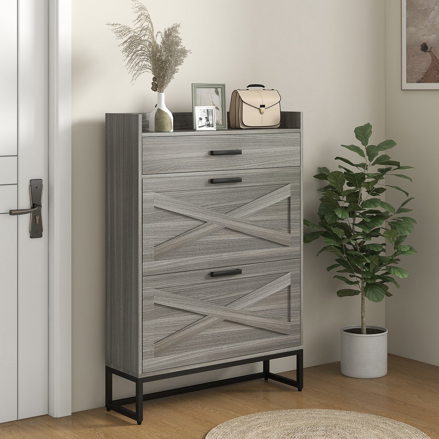 Gray wood drawer chest with Xdesign on lower drawers and black metal legs