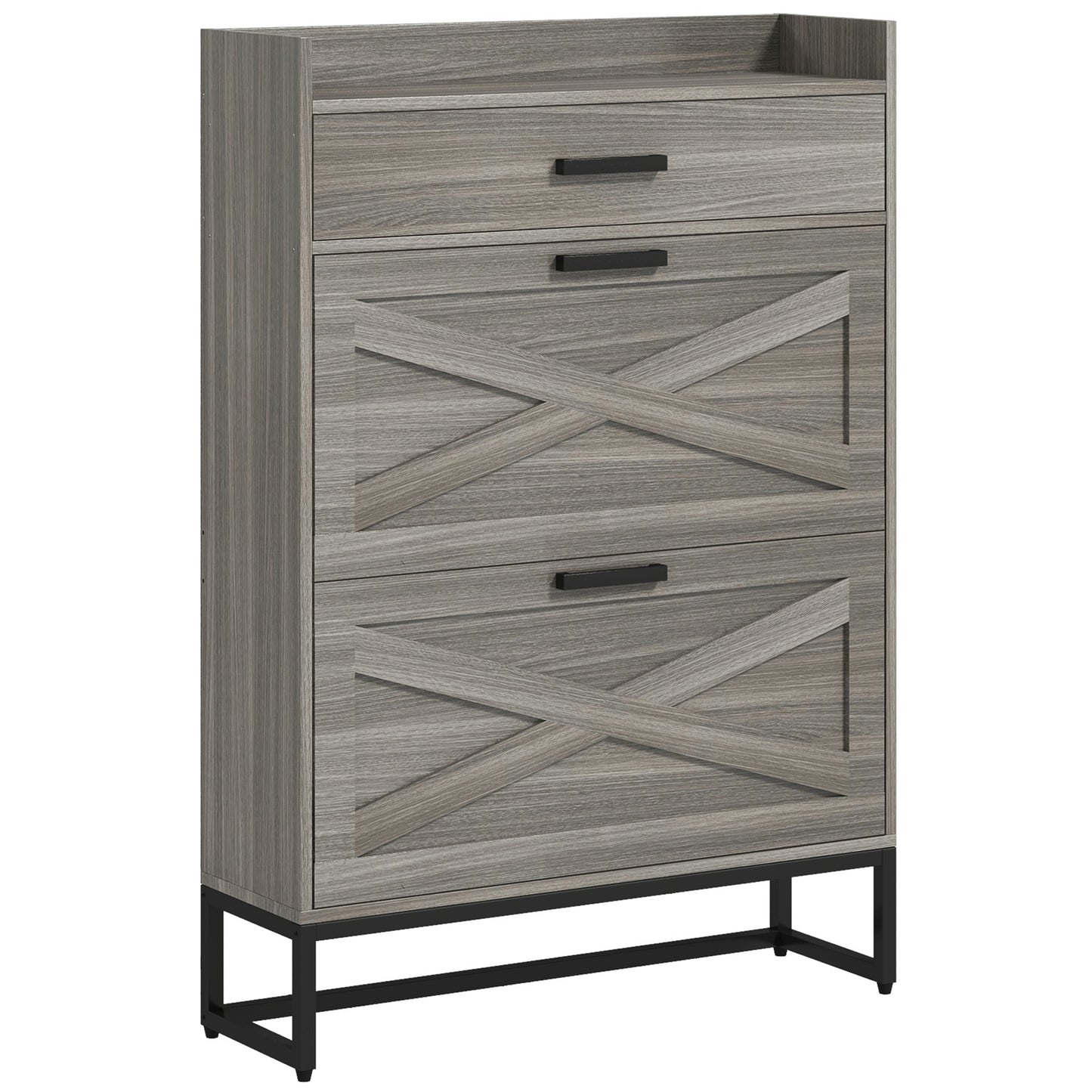 Gray wood cabinet with Xdesign doors and metal legs for entryway storage