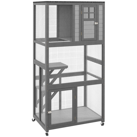 Gray multilevel wooden cat tree with mesh enclosure and platforms on wheels