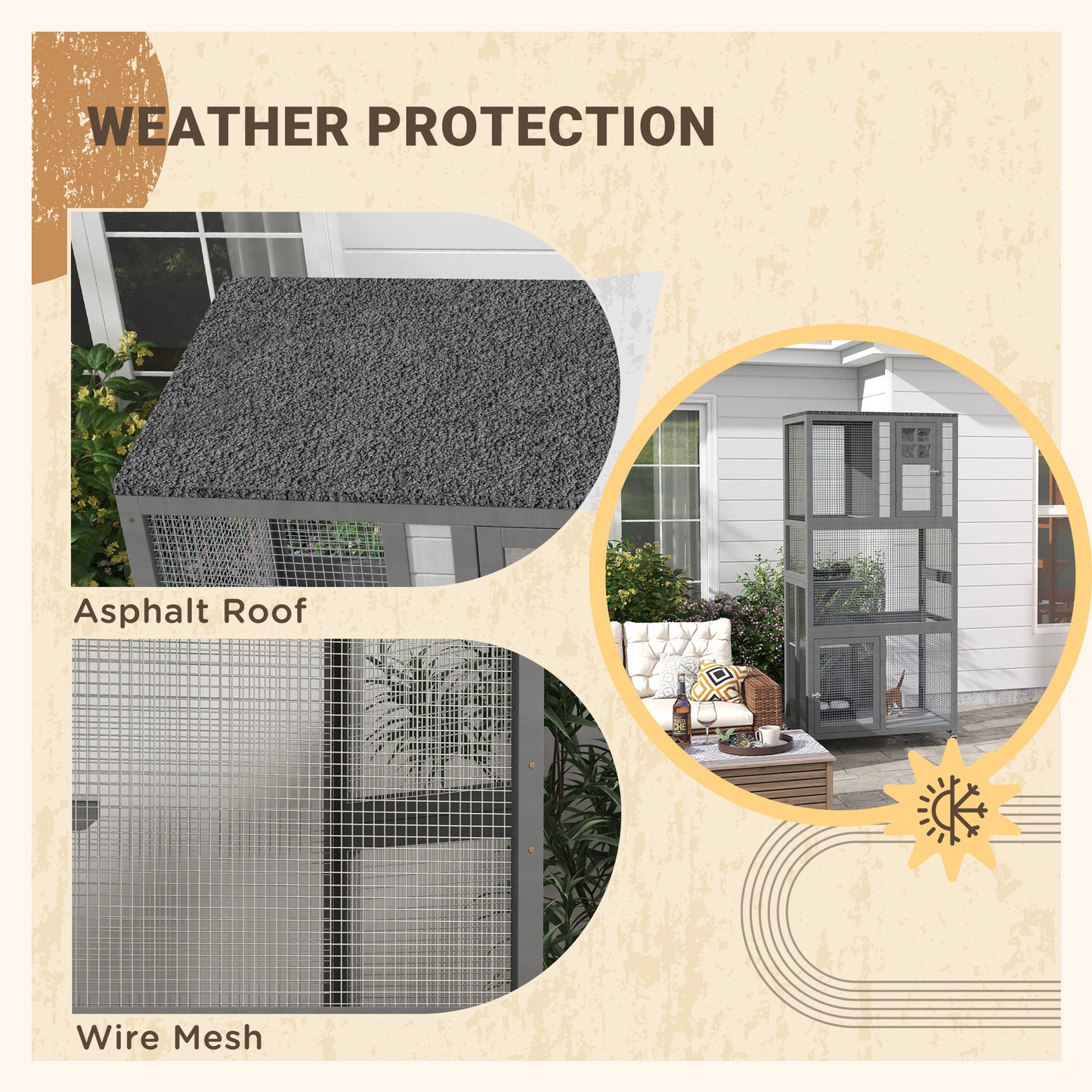 Gray outdoor cat cage with asphalt roof for weather protection