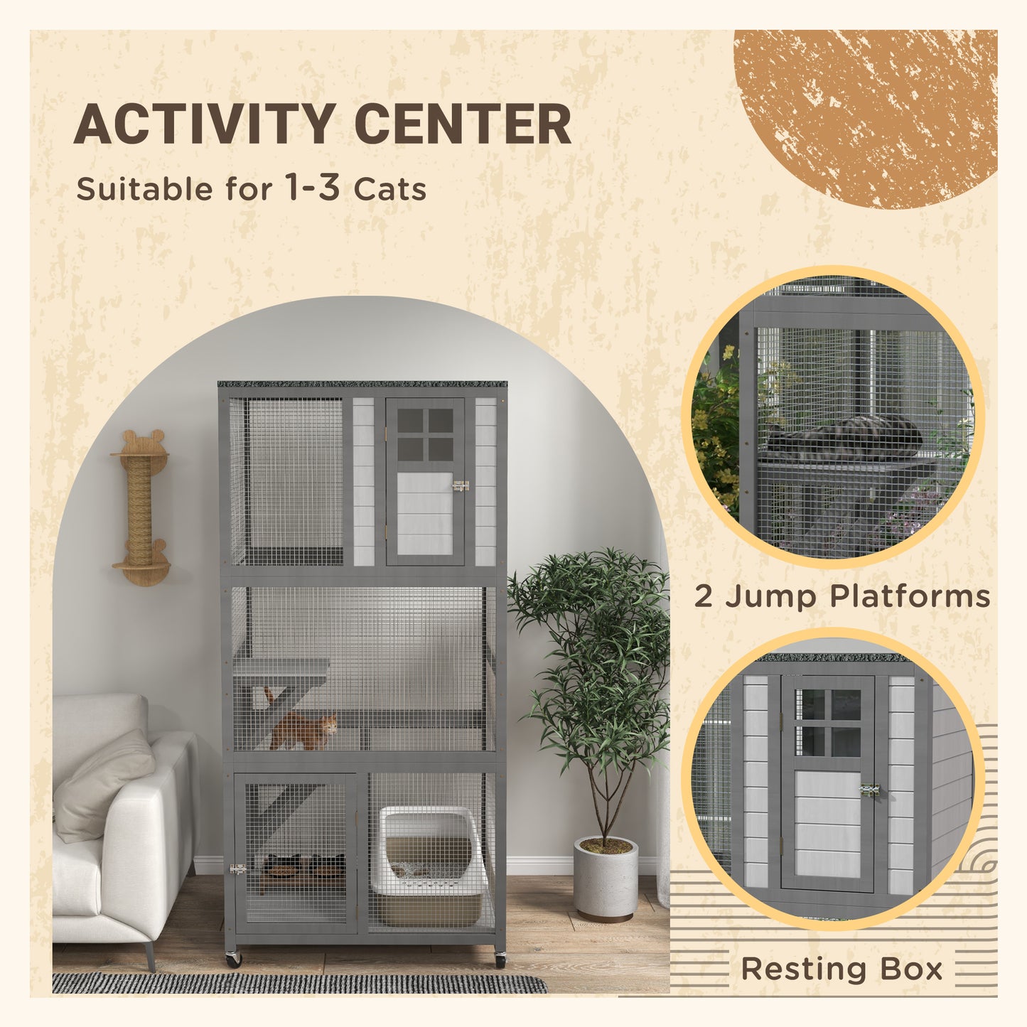 Gray multilevel cat tree activity center with litter box platforms and scratching post