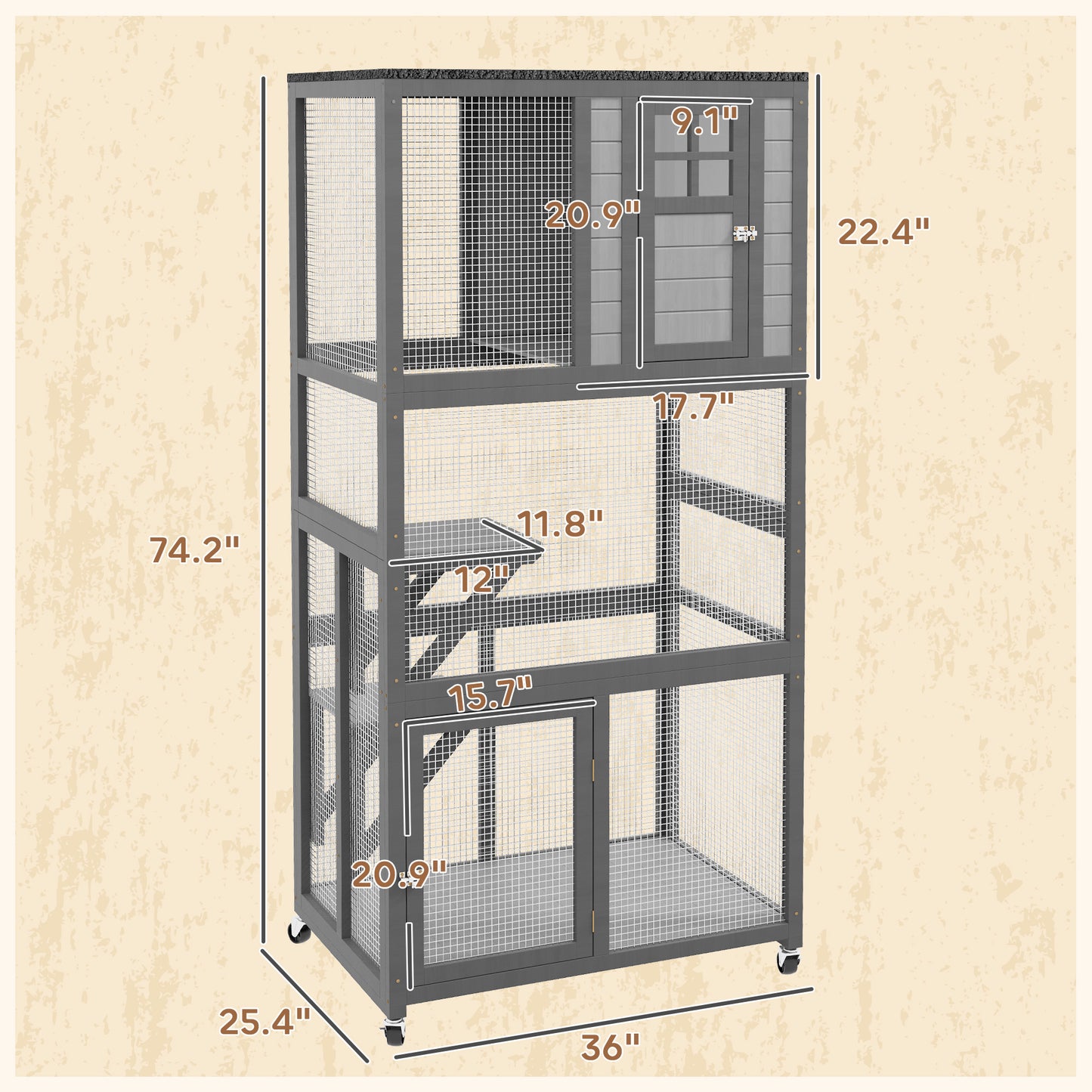 Gray wooden pet cage with multiple levels and wheeled base  H x  W x  D
