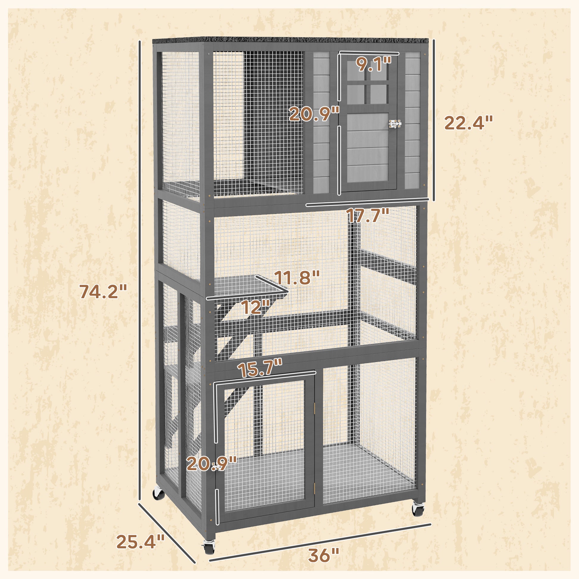 Gray wooden pet cage with multiple levels and wheeled base  H x  W x  D