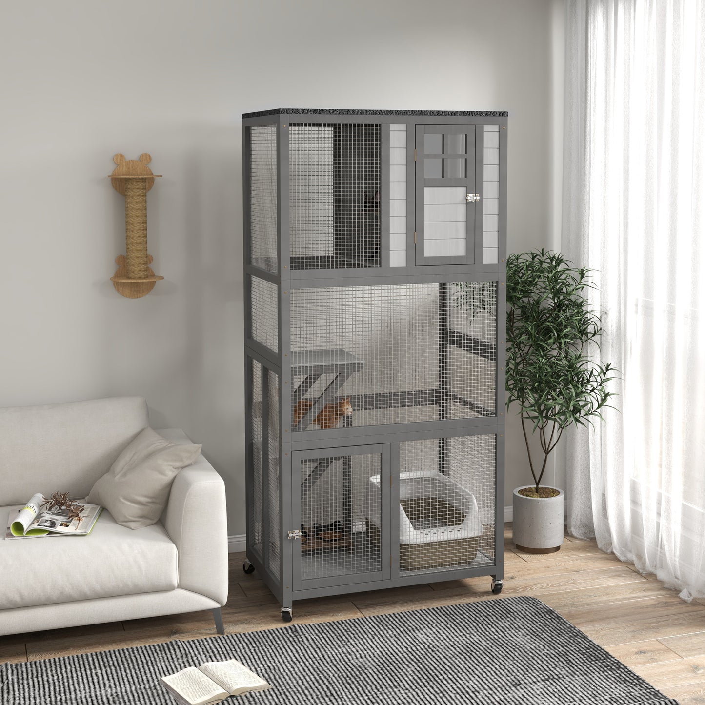 Spacious grey multilevel cat condo with ramps beds and litter box for indoor cats